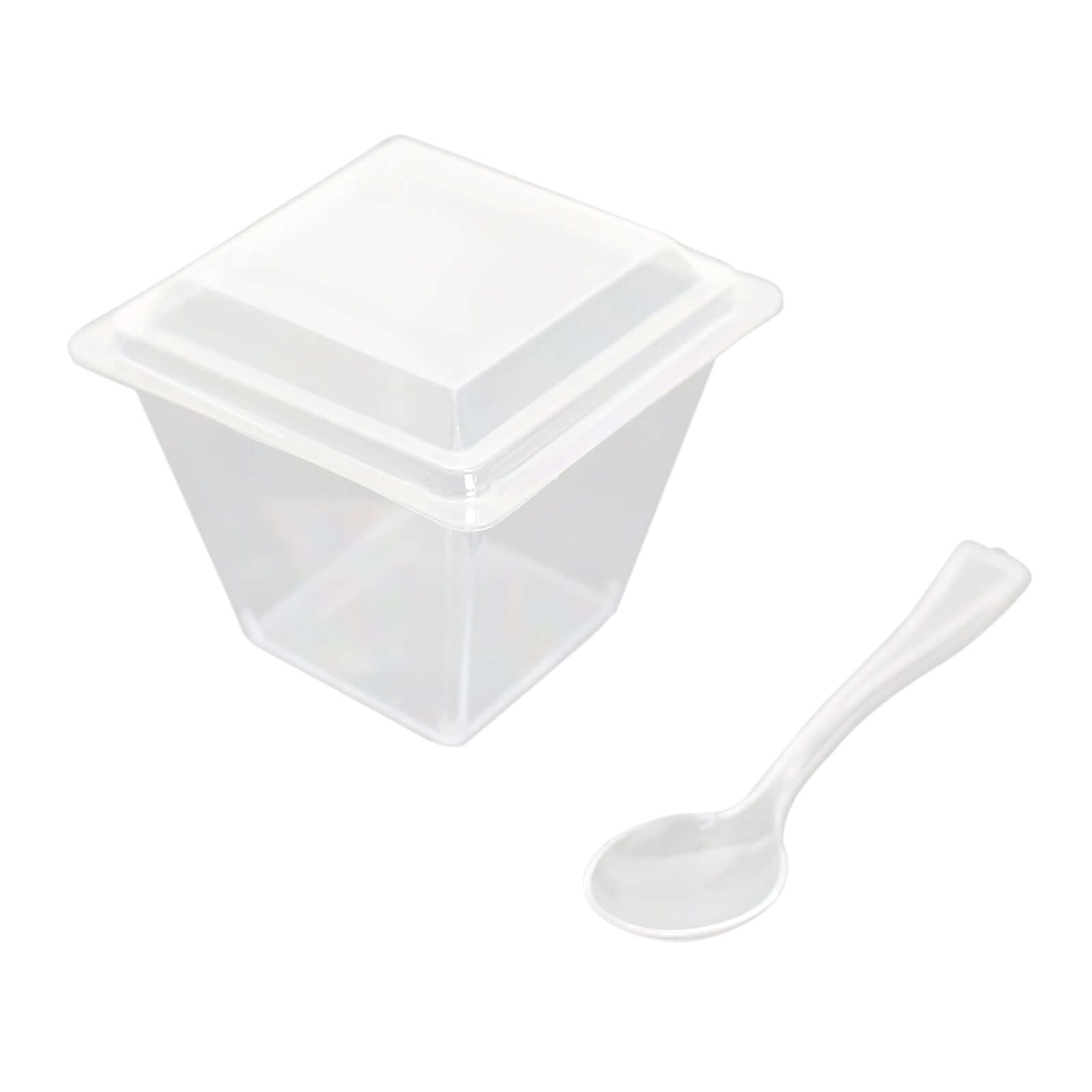 24-Pack Plastic Square Dessert Tumbler Cup Clear - Disposable Snack Serving Cups with Lid and Spoon Set for Parties, Catered Events & Buffets 4oz
