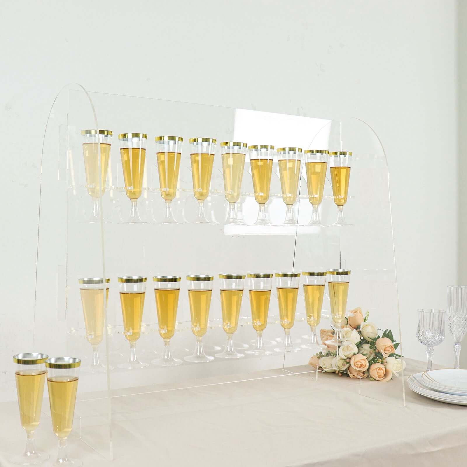 2-Tier Acrylic Champagne Glass Holder Display Stand Table Top Clear - Modern Stemware Rack Cocktail Drink Holder with 18 Hooks for Events & DIY Bars 25"