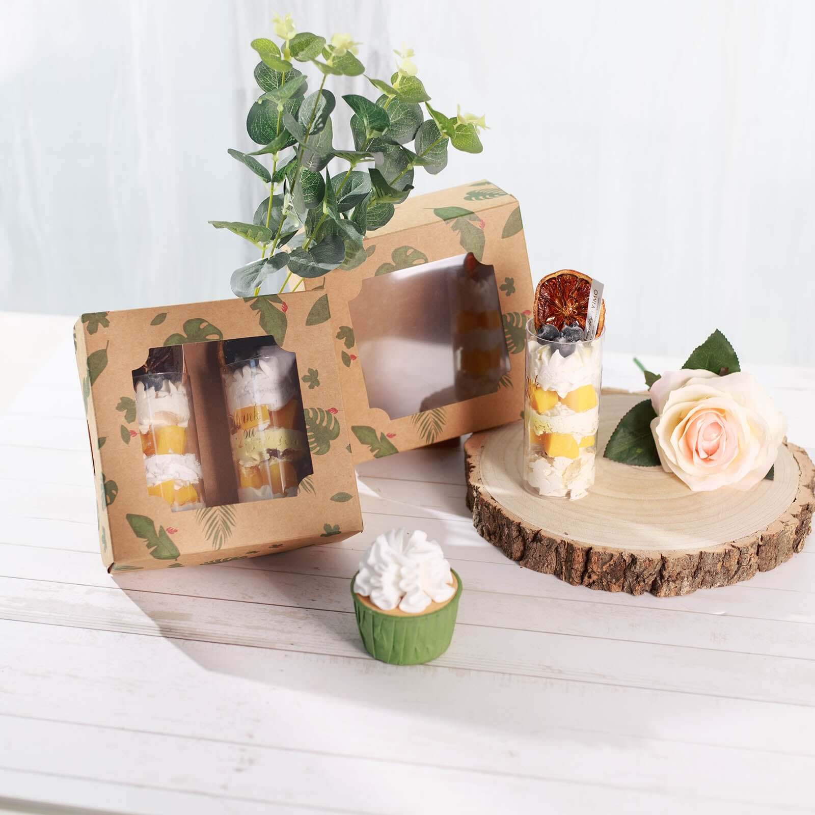 12-Pack Cardstock Cookie Boxes with Display Window - Tropical Leaf Design Disposable Treat Bakery Boxes for Donuts Cupcakes Strawberries & Pastries 6"x6"x3"