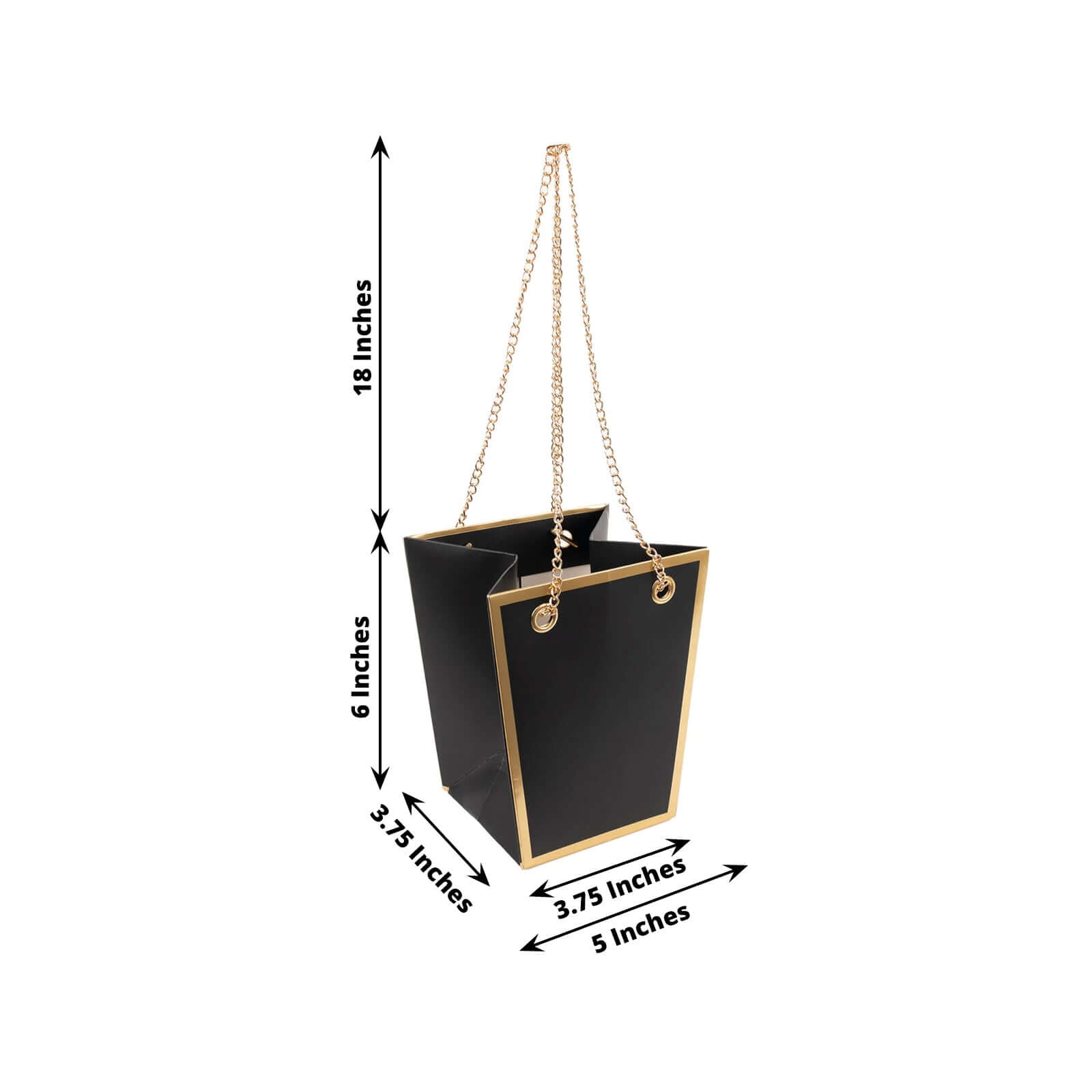 6 Pack Black Gold Edge Paper Flower Gift Bags With Metal Chain Handles, Trapezoid Party Favor Tote Bags - 5"x6"