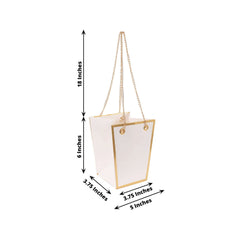 6 Pack White Gold Edge Paper Flower Gift Bags With Metal Chain Handles, Trapezoid Party Favor Tote Bags - 5"x6"