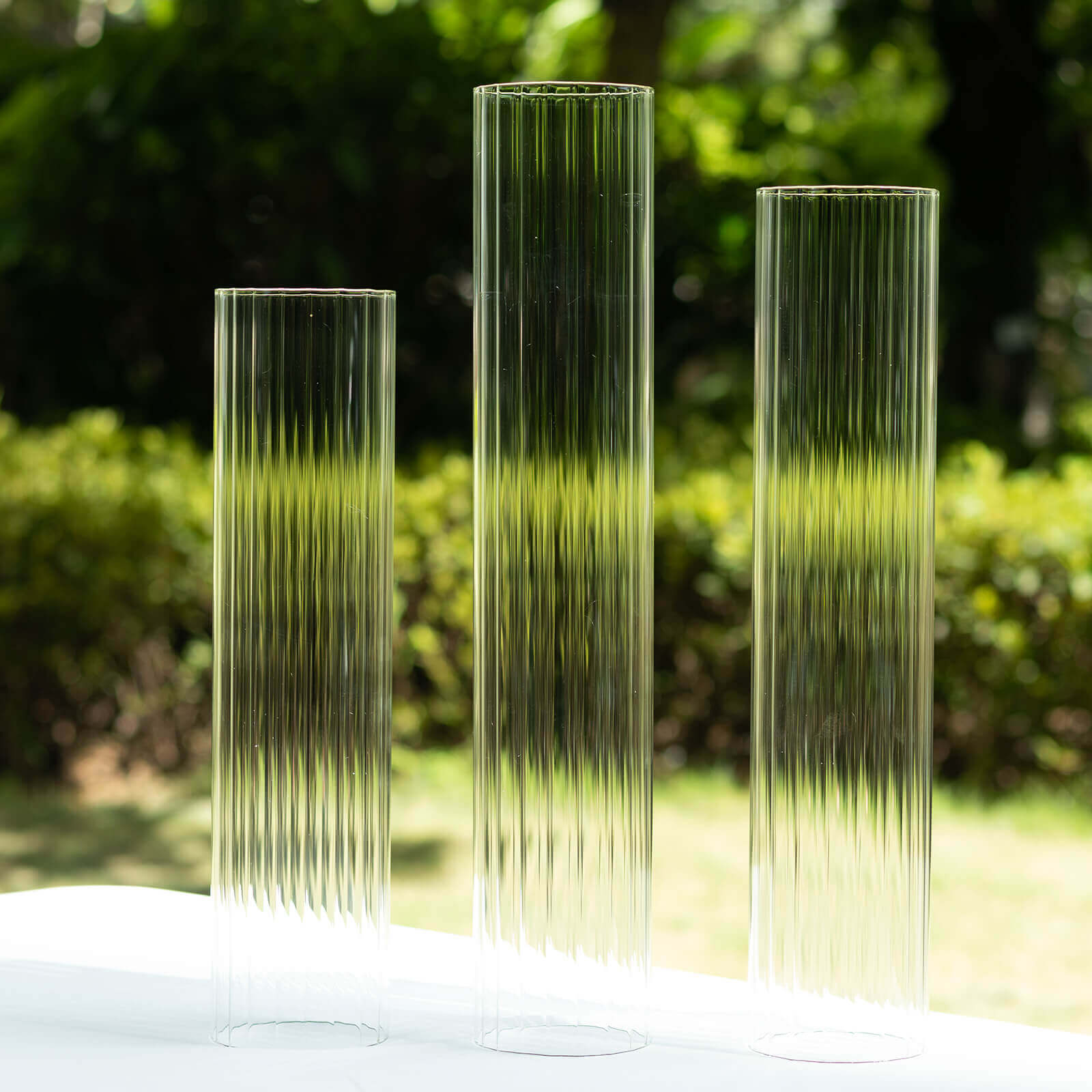 Set of 3 Clear Ribbed Glass Hurricane Shades Open End Design - Stylish Candelabra Pillar Candle Holder Table Centerpiece 15", 17", 19"