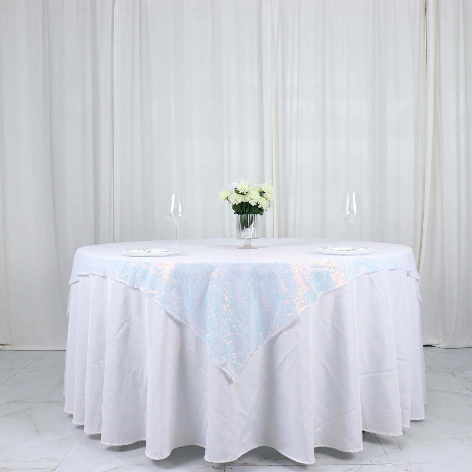 Sequin 60"x60" Table Overlay Square Tablecloth Irisdescent Blue - Luxe Wedding Table Topper