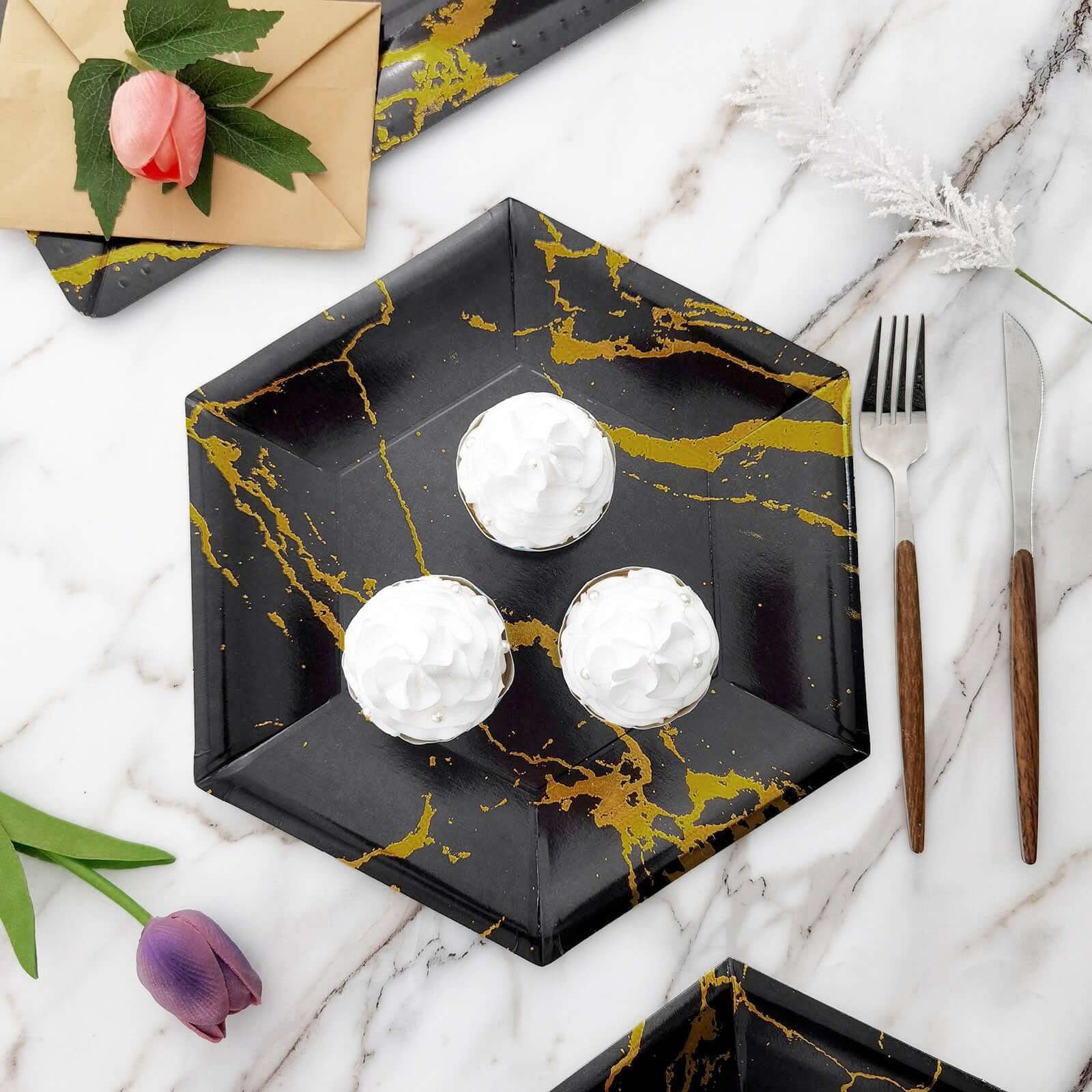 25-Pack Paper 12" Hexagon Dinner Plates in Black with Gold Marble Design - Disposable Geometric 400GSM Party Plates for Events & Banquets