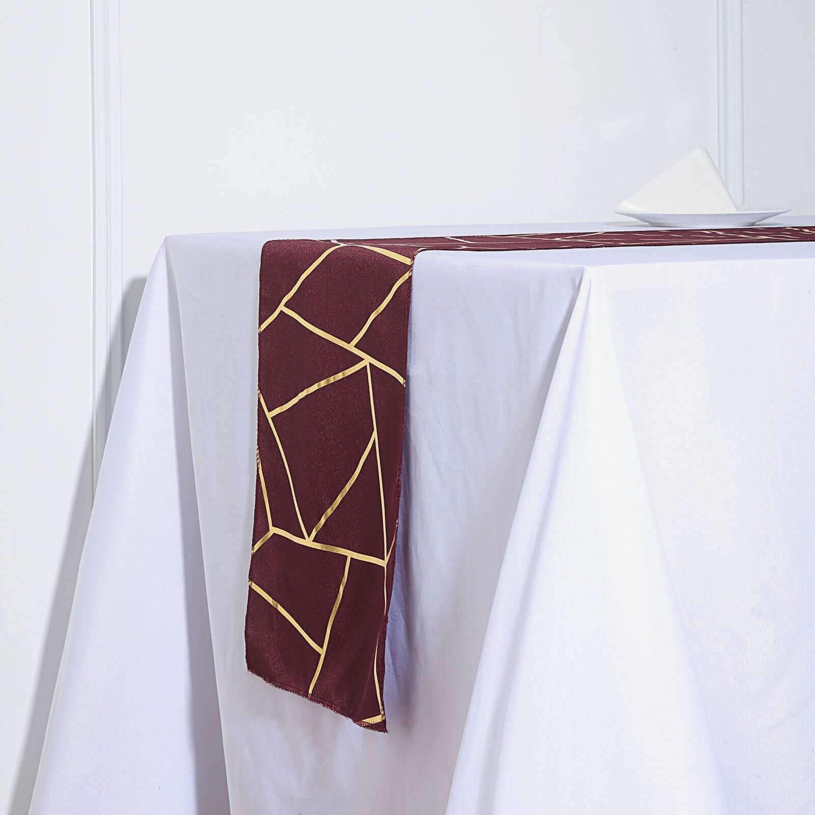 Polyester 9ft Table Runner Burgundy with Gold Foil Modern Geometric Accent