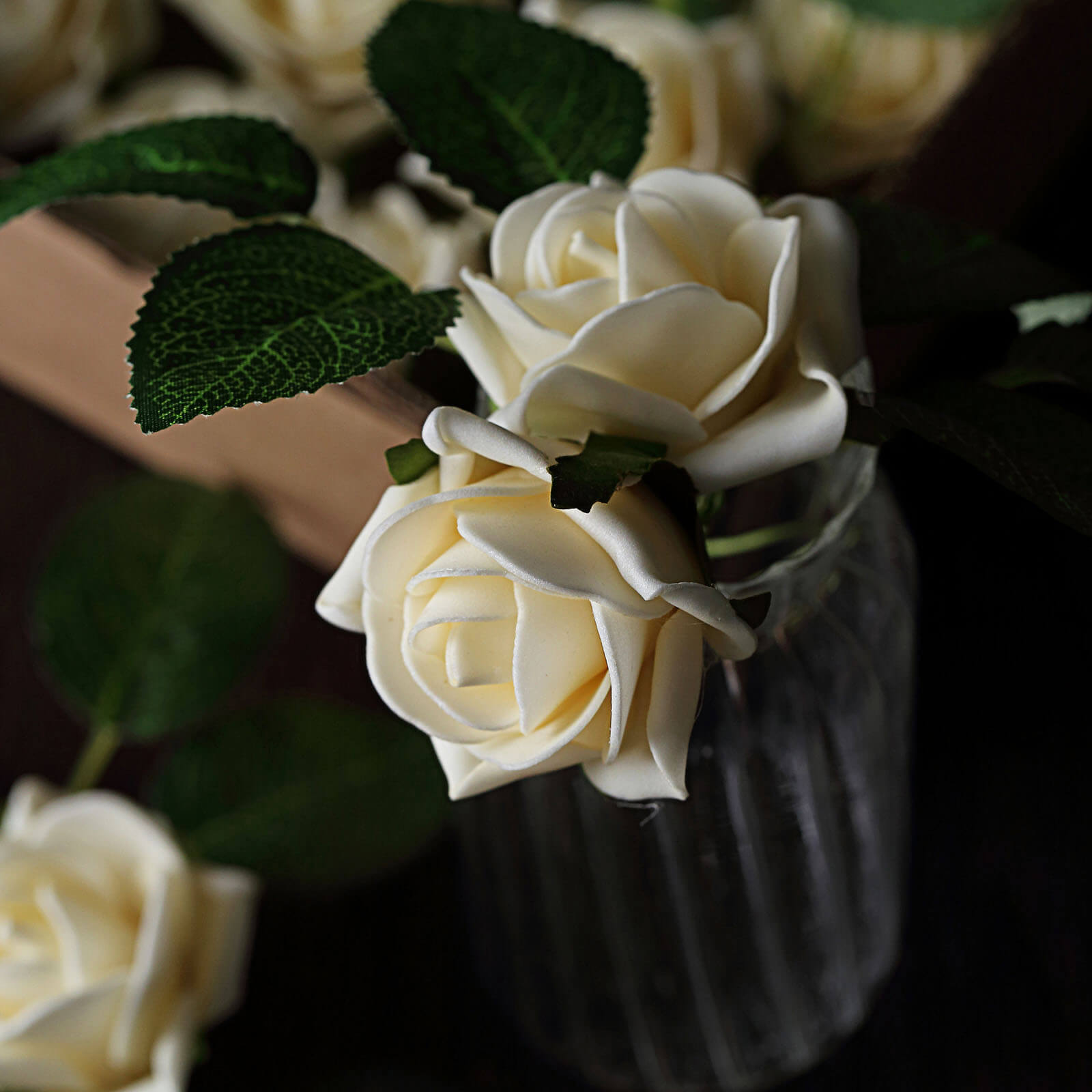 24 Roses 2" Cream Artificial Foam Flowers With Stem Wire and Leaves