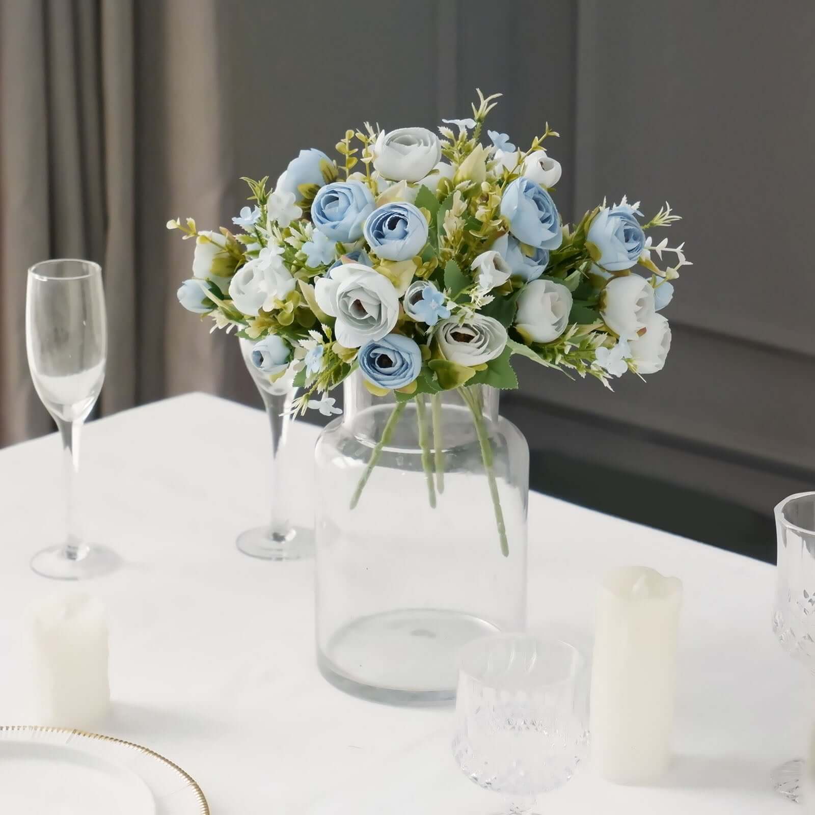 4 Pack 12" Artificial Dusty Blue Ranunculus Silk Flower Bridal Bouquets, Faux Buttercup Floral Arrangement