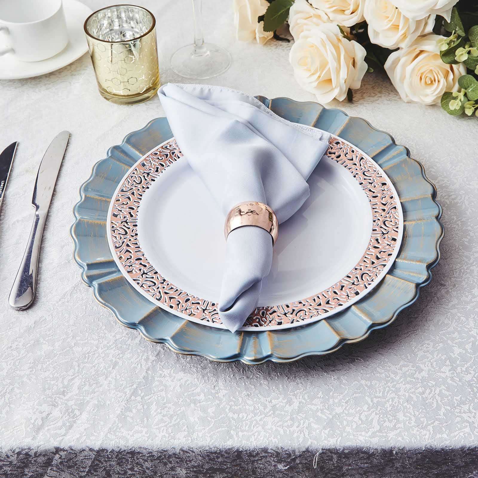 6-Pack Acrylic Plastic Round Charger Plates 13" in Dusty Blue with Gold Brushed Wavy Scalloped Rim, Decorative Dinner Party Charger Tableware