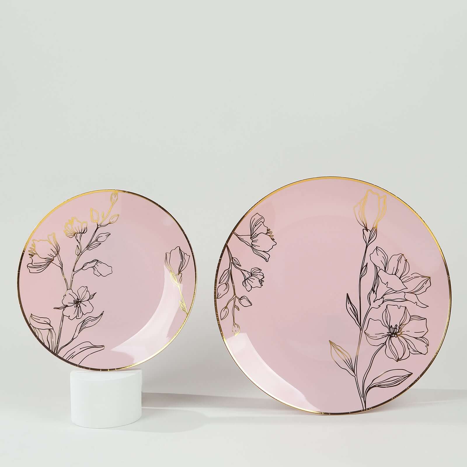 Set of 20 Plastic Round Dinner and Dessert Plates in Dusty Rose with Metallic Gold Floral Design - Stylish Disposable Dinnerware 8", 10"