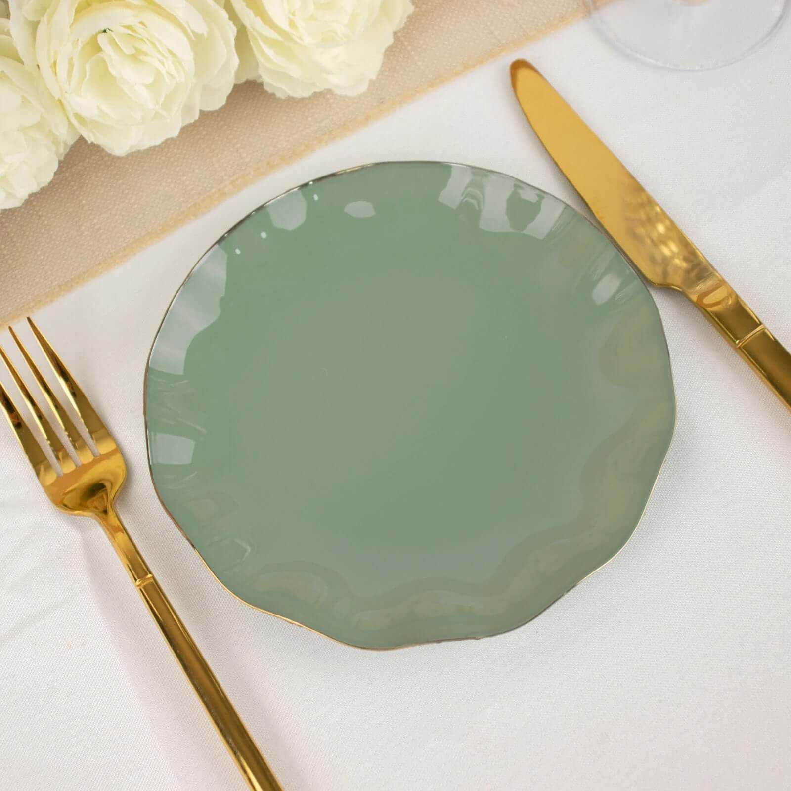10-Pack Plastic Round 6" Dessert Plates in Dusty Sage Green Ruffled Rim with Gold Edging - Sturdy Disposable Salad Appetizer Dinnerware