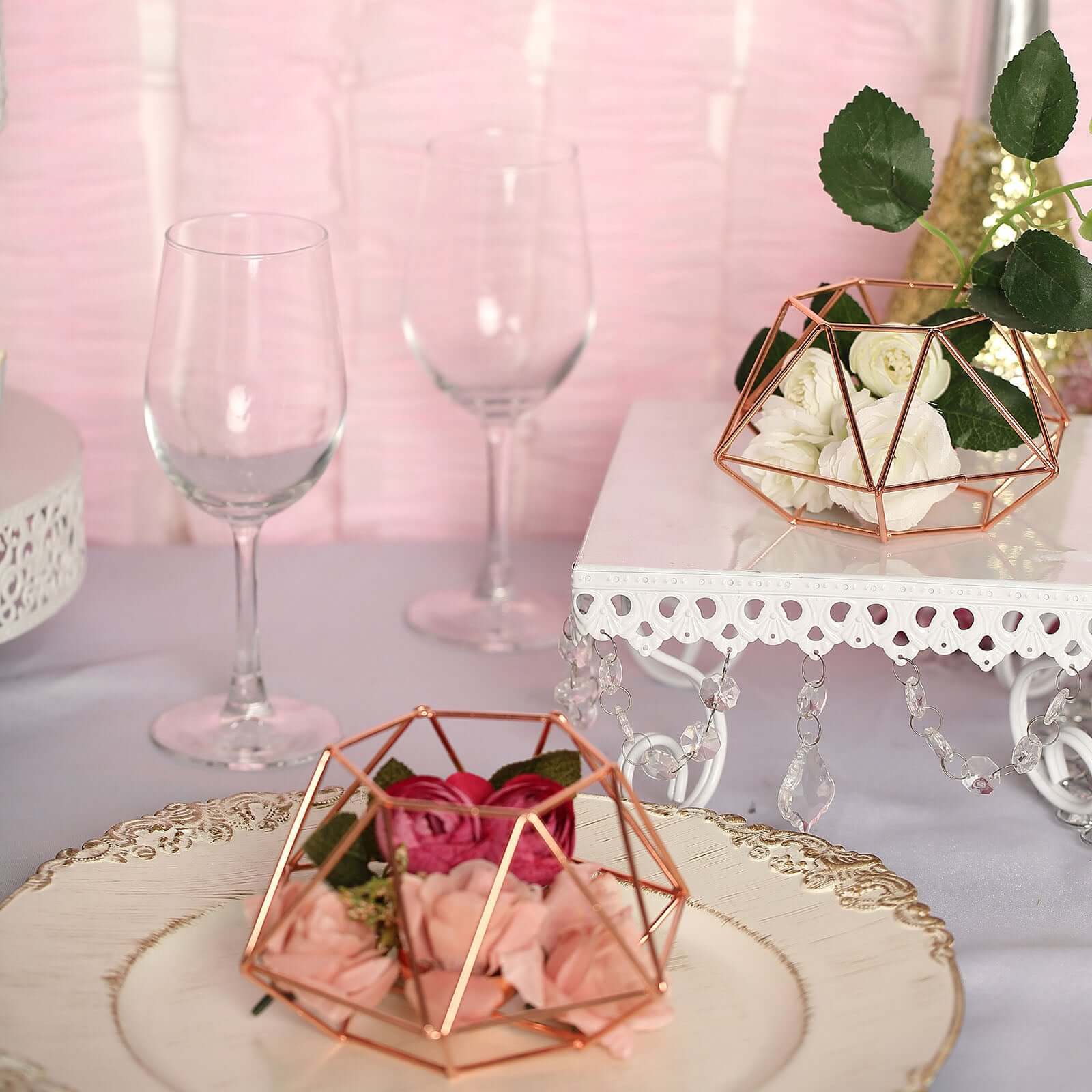 Set of 2 Candle Holders Metal Hexagon Geometric Design Rose Gold - Modern Decorative Centerpieces for Tables 4"x3"