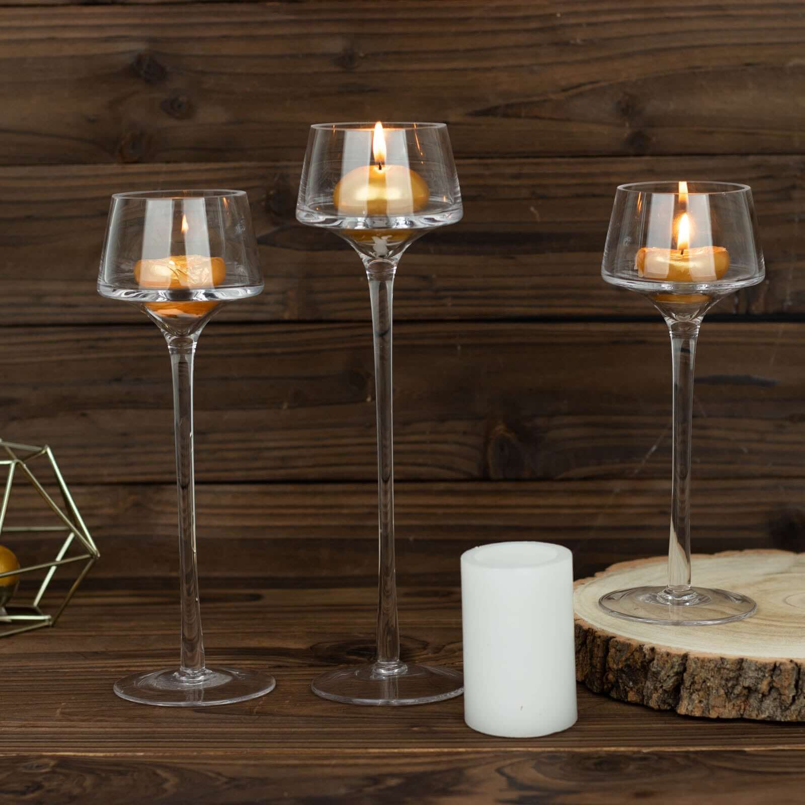 Set of 3 Glass Pedestal Vases Long Stem Clear - Tall Disc Candle Holders for Floral Centerpieces 8", 9", 10"