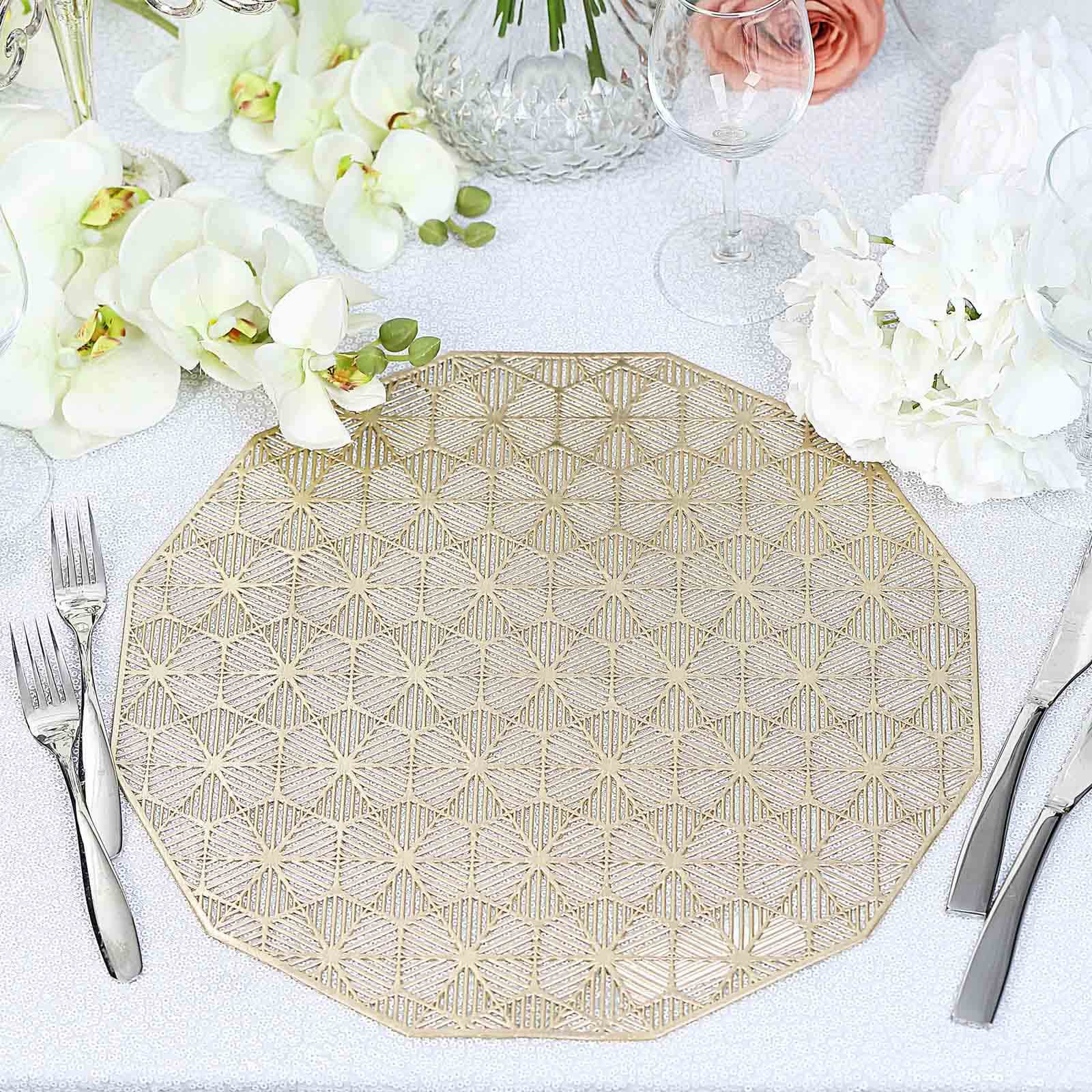 6-Pack Dining Table Mats Geometric Woven Design Gold - Vinyl Non-Slip Surface for Modern Table Settings 15"