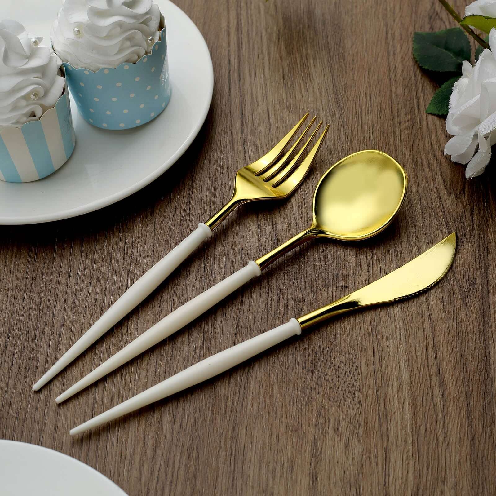 24-Pack Plastic Flatware Set in Metallic Gold with Ivory Handle - Heavy Duty Disposable Modern Silverware 8"
