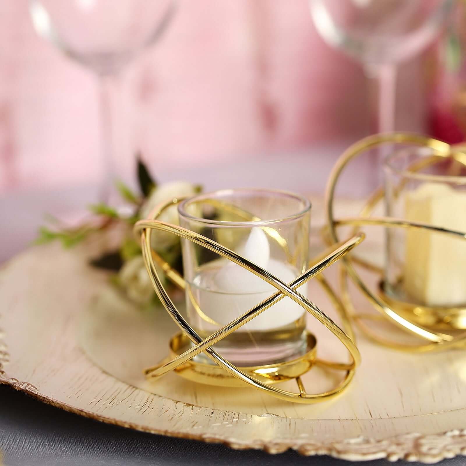 3-Pack Geometric Candle Holders Gold Metal Design with Bud Vase Votive Glass - Chic Wedding & Event Decor 3"