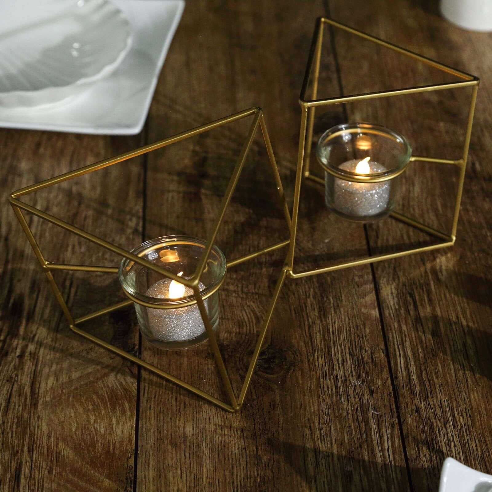 Set of Metal Candle Holders Linked Geometric Design Gold - Chic Votive Glass Decor for Events & Gatherings 9"
