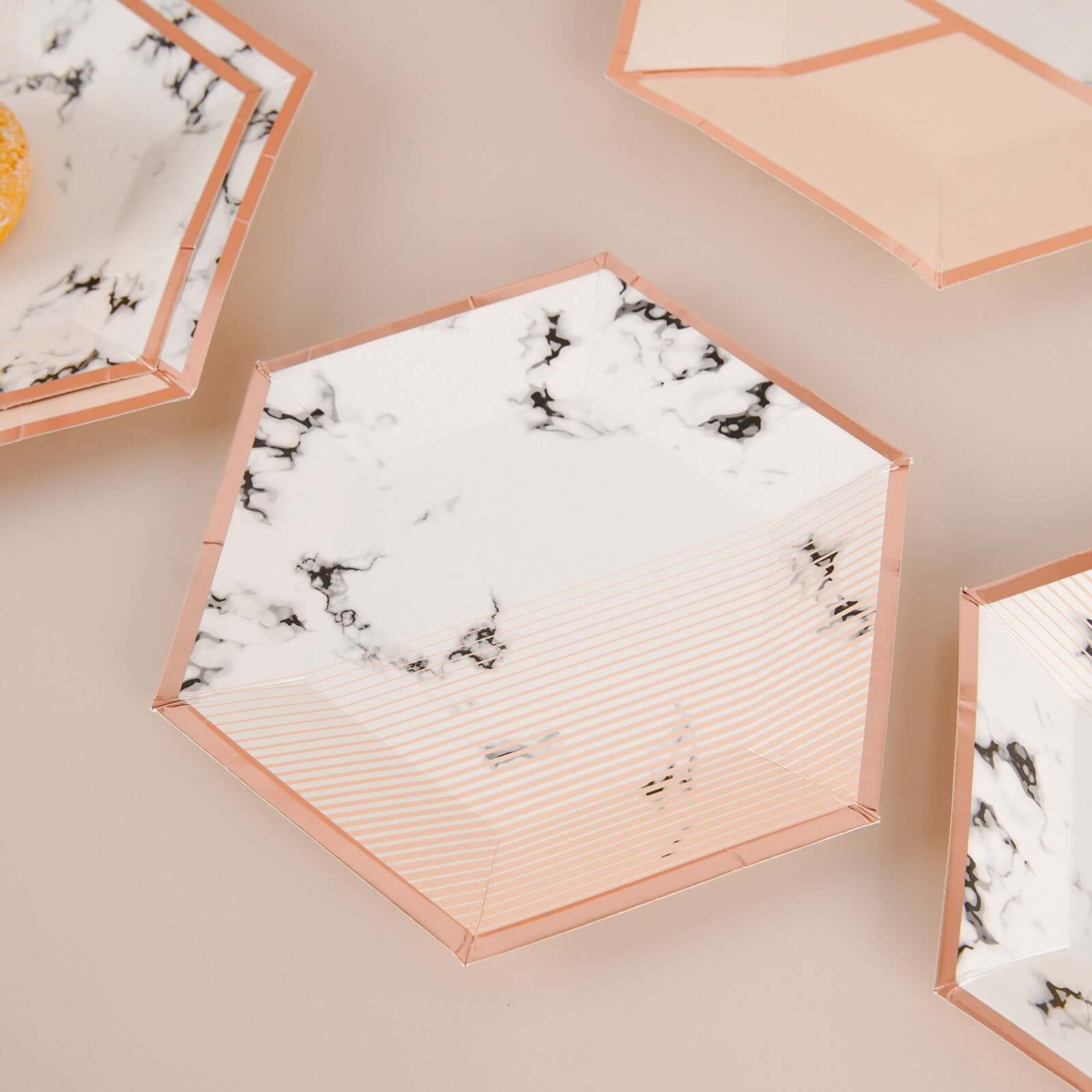 50-Pack Paper Hexagon Dinner and Dessert Plates in Blush with Marble Design & Rose Gold Foil Rim - Chic Disposable Geometric Party Plates Set for 25 Guests 8", 10"