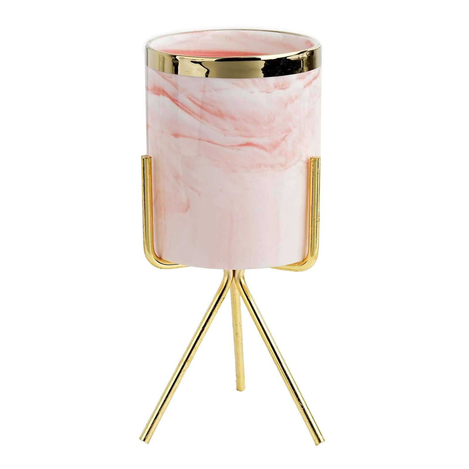 Ceramic Planter Gold Rimmed Pink Marble Design with Gold Metal Stand - Decorative Vase 8"