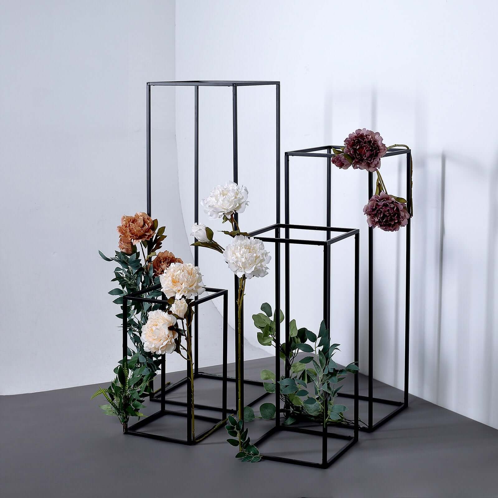 Set of 4 Metal Flower Stands Frame Wedding Column Centerpieces Matte Black - Durable Display 16"/24"/32"/40"