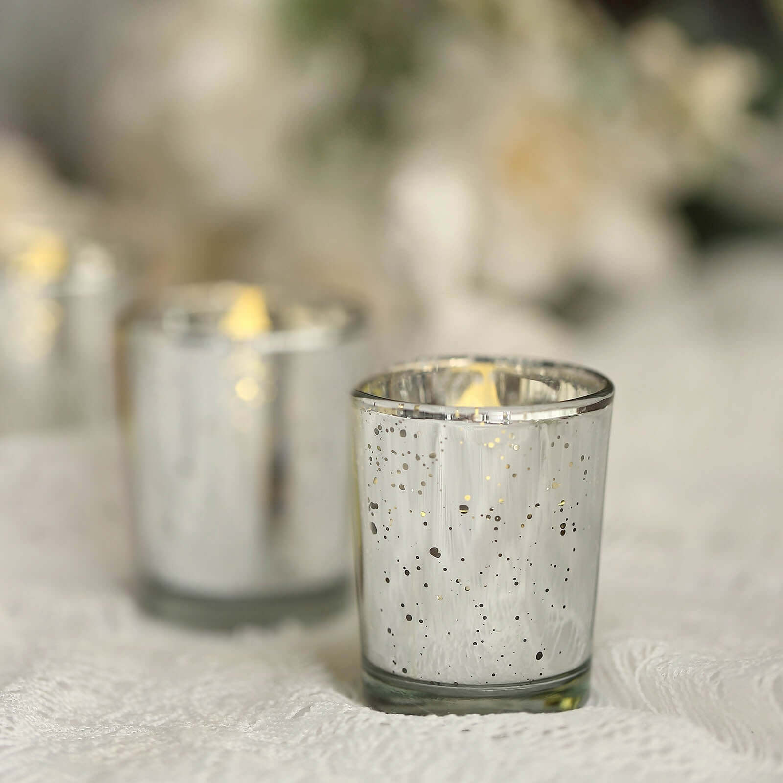 12-Pack Mercury Glass Candle Holders Silver with Speckled Design - Votive Tealight Holders 2"