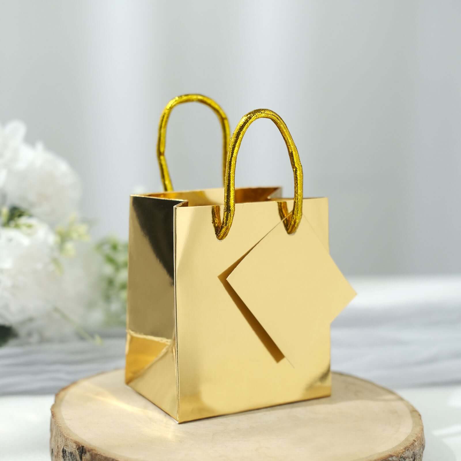 12 Pack 5" Shiny Metallic Gold Foil Paper Party Favor Bags With Handles, Small Gift Wrap Goodie Bags