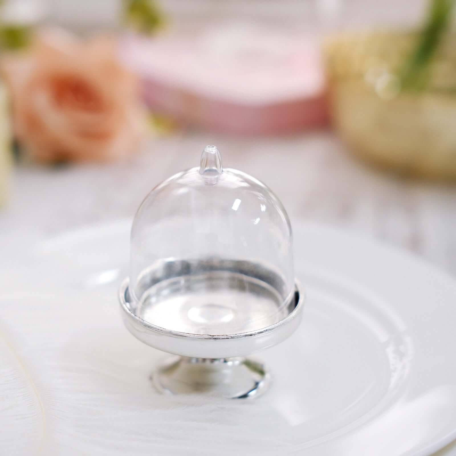 12-Pack Fillable Mini Pedestal Candy Container Clear/Silver - Stylish Candy Treat Favor Containers with Dome Lid 3"