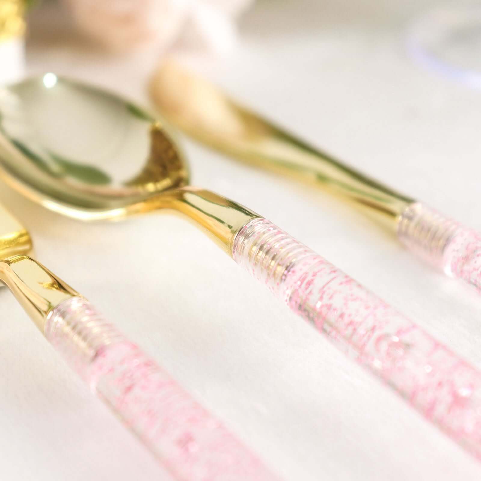 24-Pack Plastic Cutlery Set Metallic Gold with Rose Gold Glitter - Stylish Disposable Silverware-Pack 8"