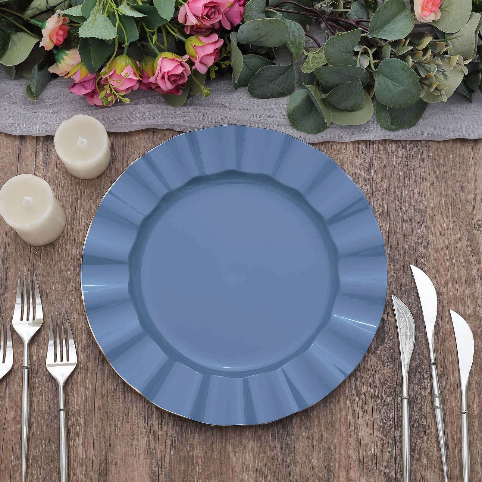 10-Pack Plastic 11" Round Dinner Plates in Ocean Blue Ruffled Rim with Gold Edging - Sturdy Disposable Dinnerware