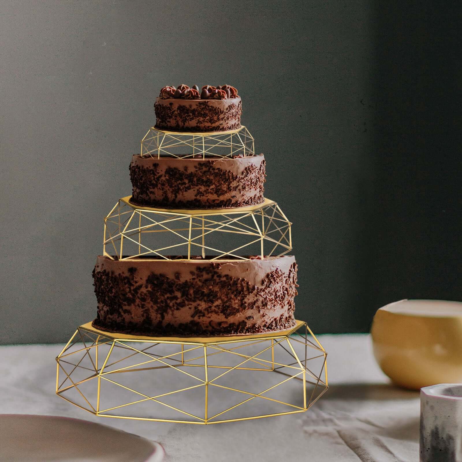 Set of 3 Metal Cake Stands Geometric Reversible Octagon Design Gold - Dessert Display Baskets 7", 9", 11"