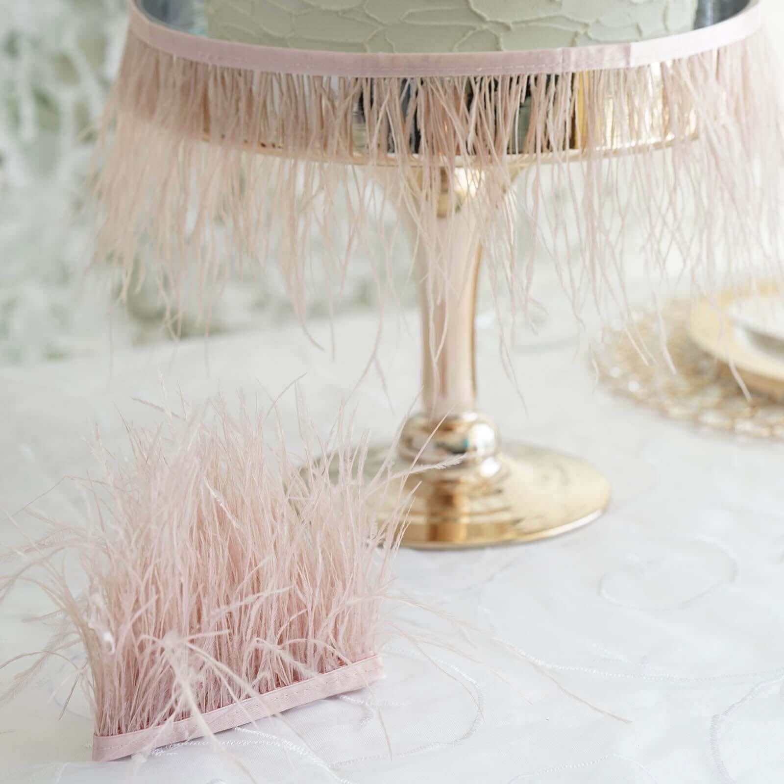 39" Dusty Rose Real Ostrich Feather Fringe Trim With Satin Ribbon Tape
