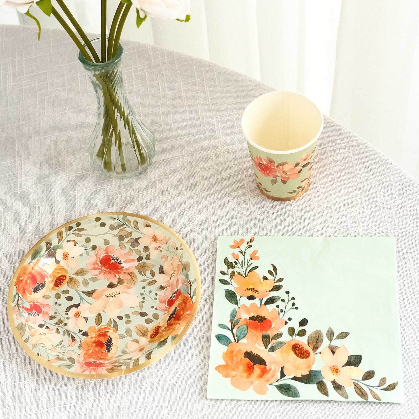 72 Pcs Paper Dinnerware Set with Pink Floral Print Sage Green - Disposable Tableware Combo-Pack with Plates and Cups