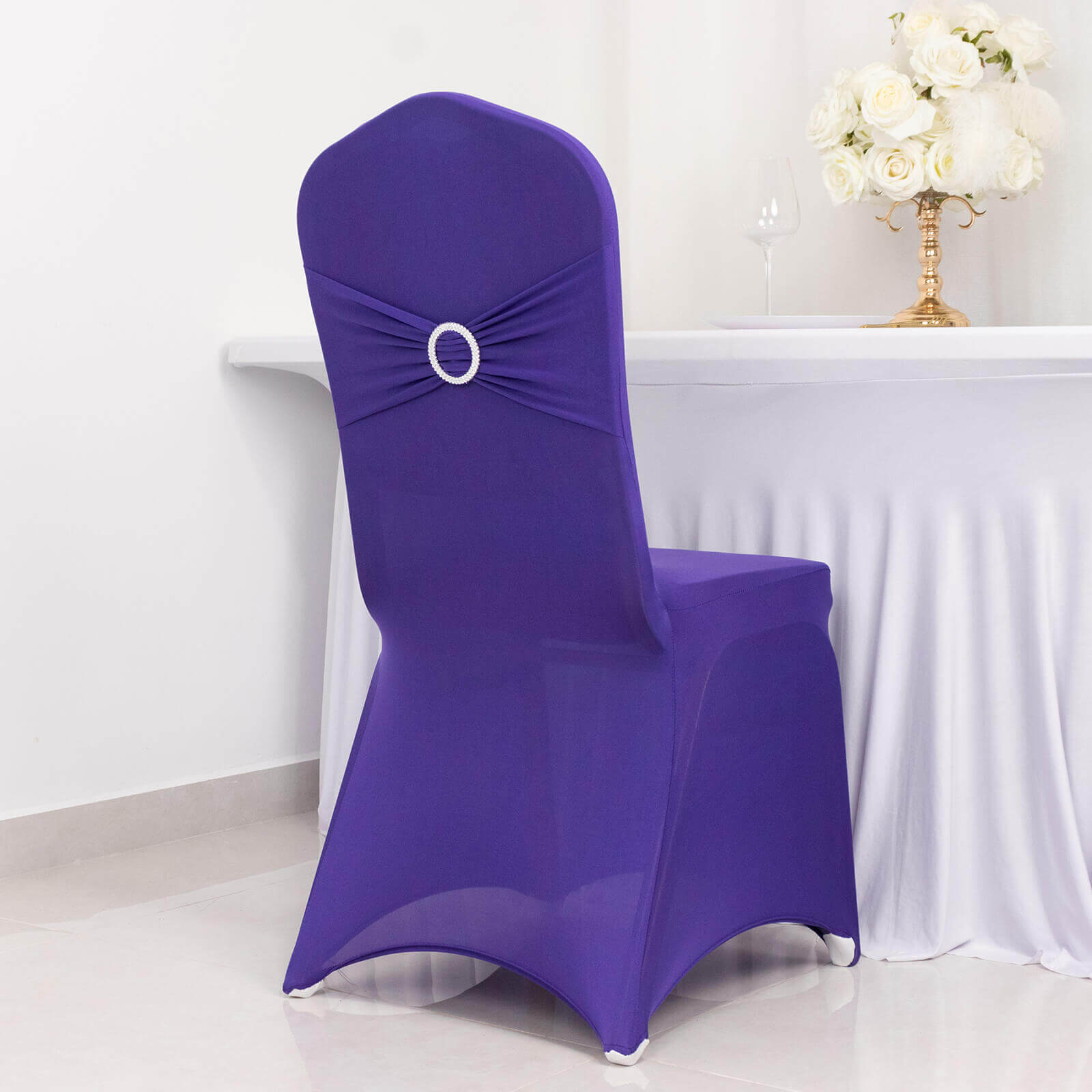 Spandex Chair Cover with Purple Rhinestone Buckled Sash Band Blush - Stretch Fitted Slipcover
