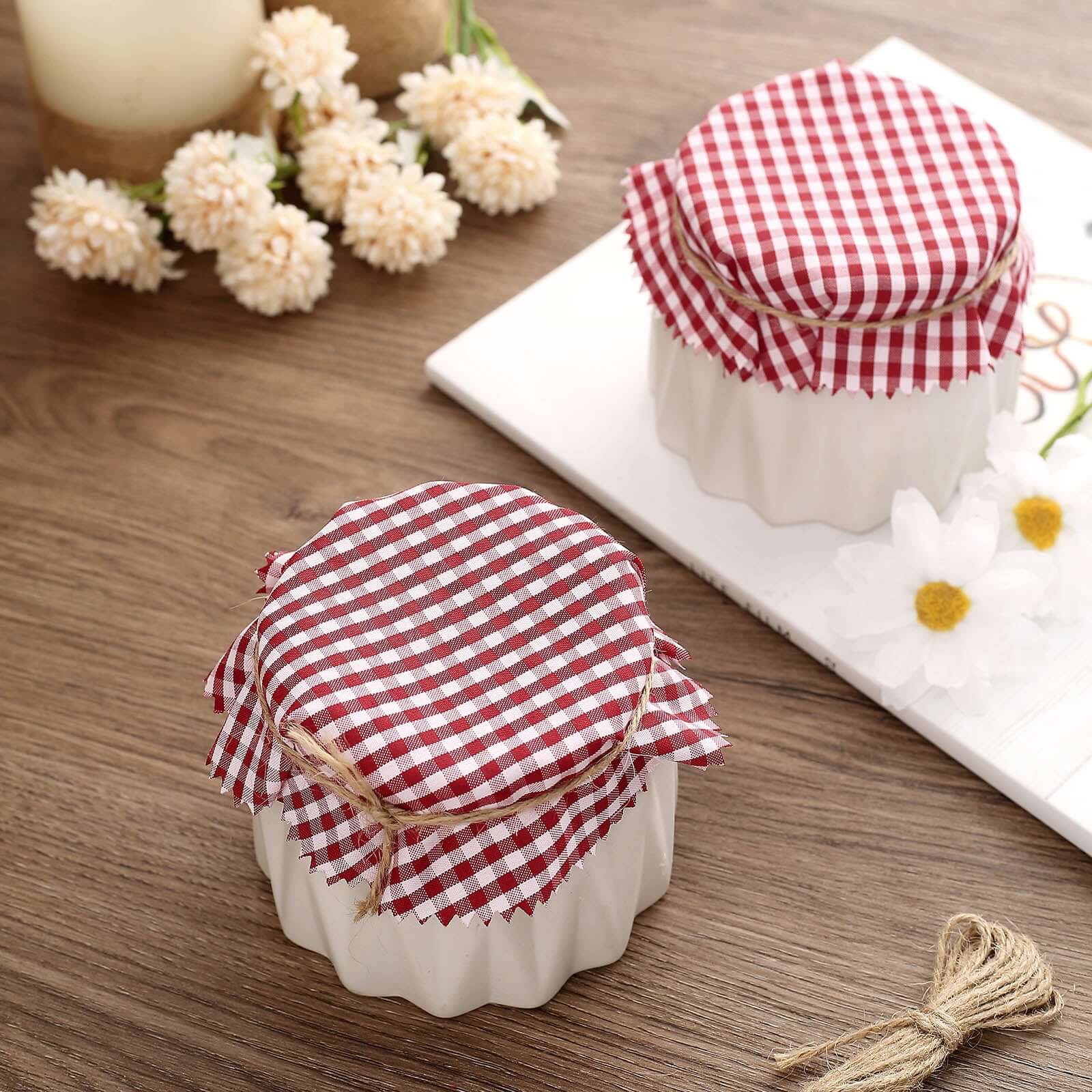 6 Pack 6" Red White Gingham Mason Jar Cloth Lid Covers, Checkered Jam Jar Covers with Jute String