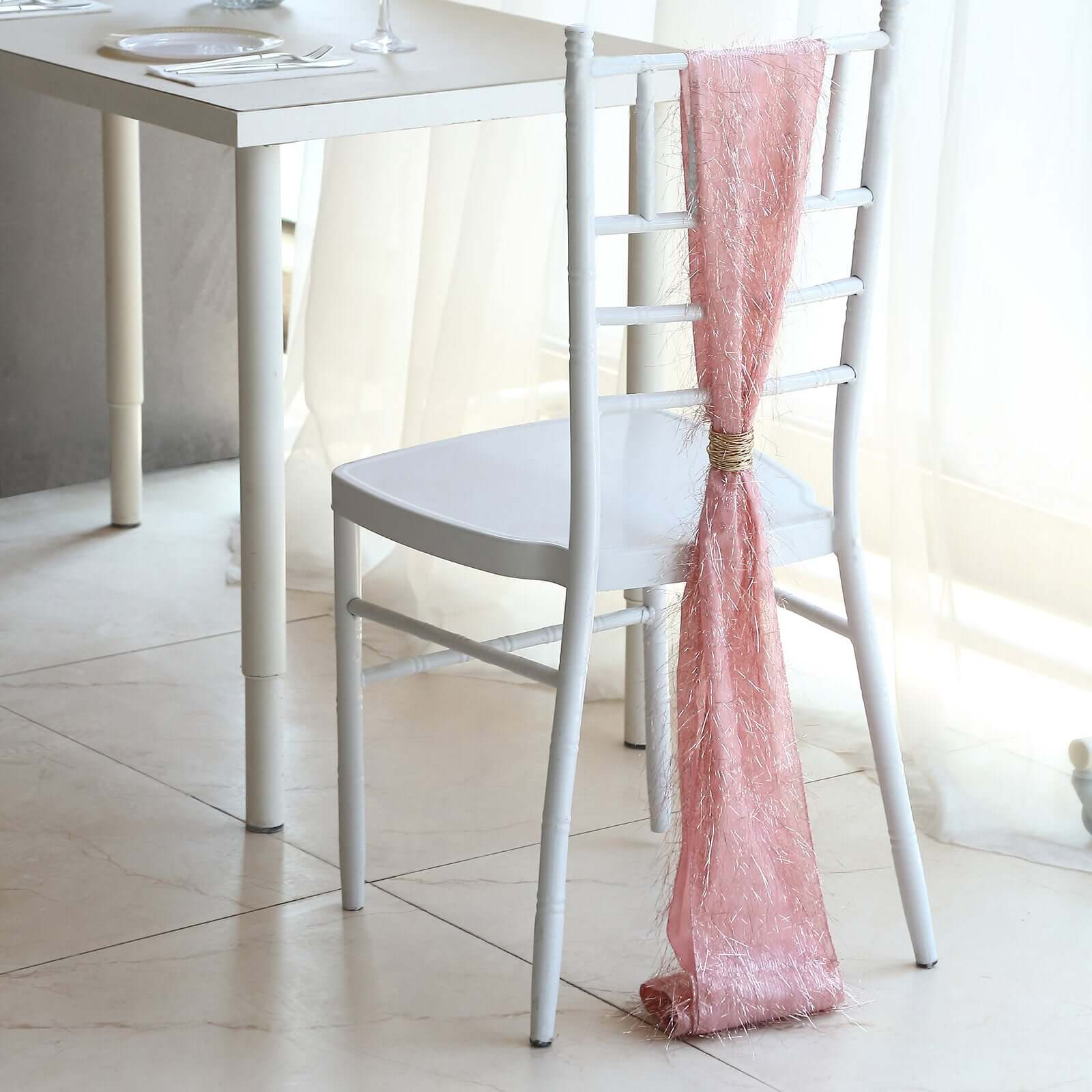 5 Pack Polyester Chair Sashes Rose Gold Metallic Tinsel Fringe - Easy to Use Chair Bows 6"x108"