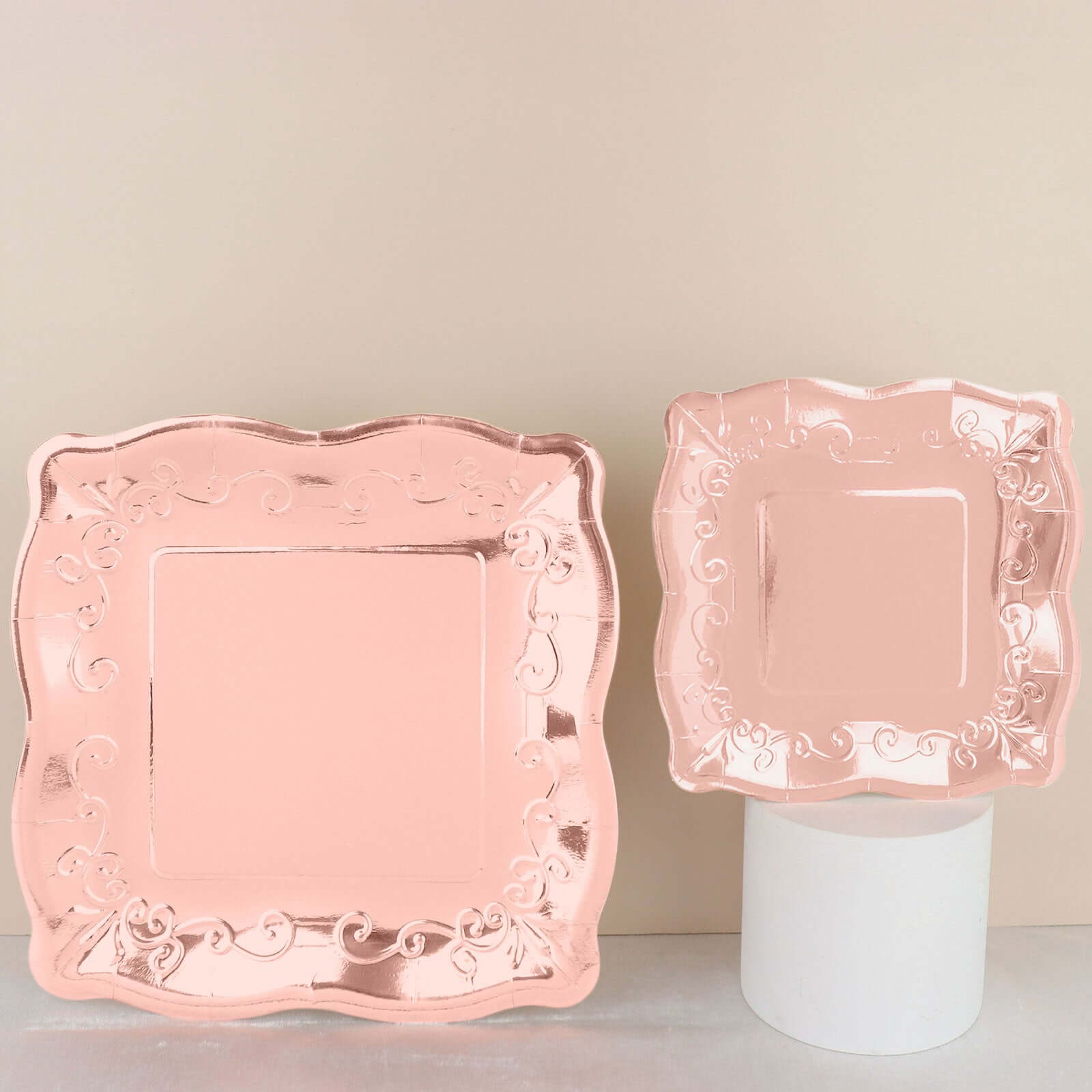 25-Pack Paper 7" Square Dessert Plates in Rose Gold with Vintage Pottery Embossed Design - Shiny Metallic Disposable Appetizer Plates