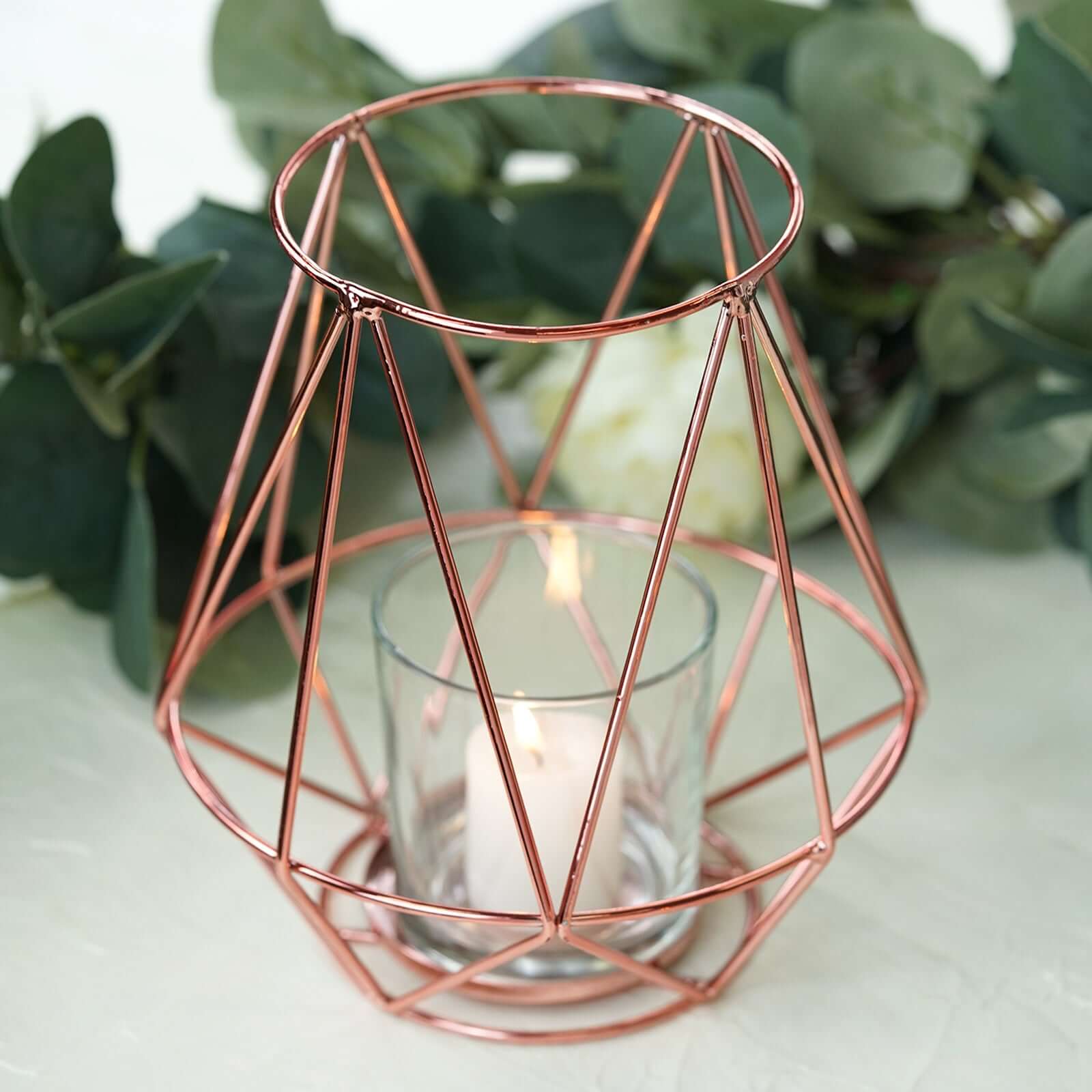 2-Pack Metal Candle Holders Rose Gold Wired Design - Stylish Glass Votive Holder Set 7"