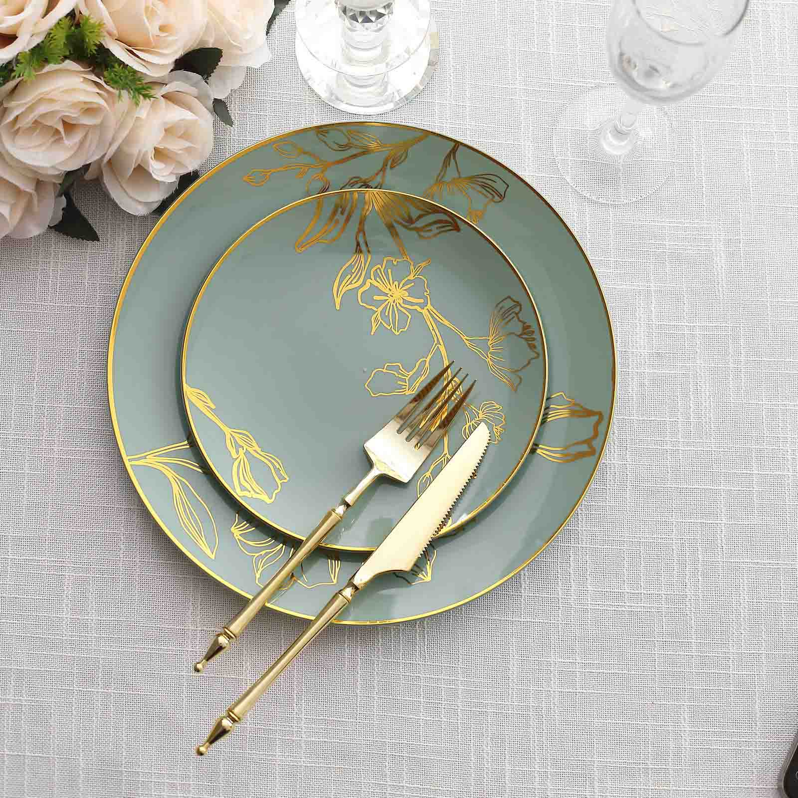 Set of 20 Plastic Round Dinner and Dessert Plates in Dusty Sage Green with Metallic Gold Floral Design - Stylish Disposable Dinnerware 8", 10"