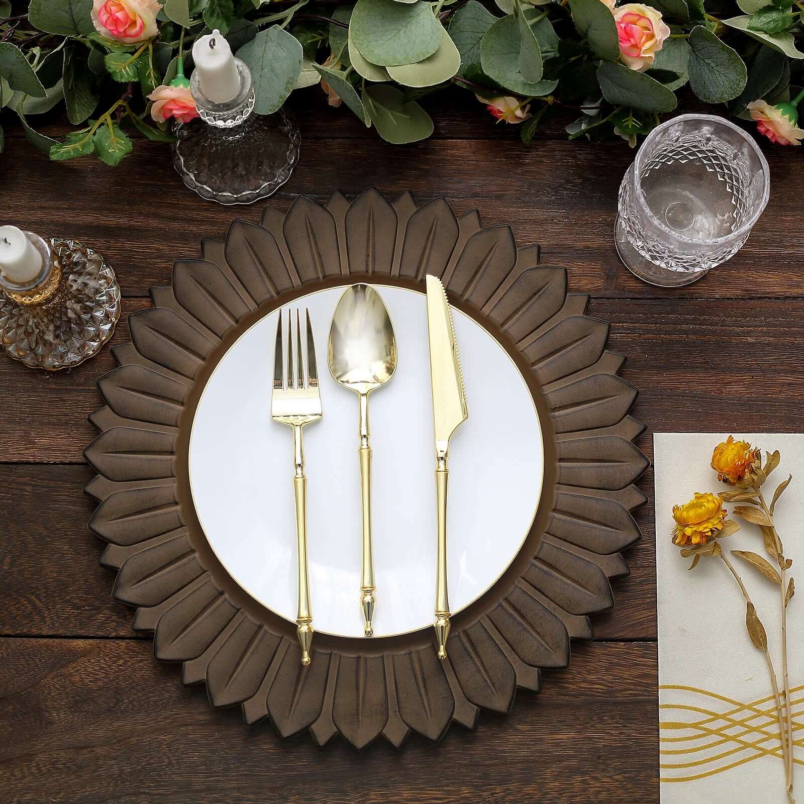 6-Pack Plastic Round Charger Plates 13" in Natural with Sunflower Rim, Matte Finish Disposable Dinner Charger Tableware