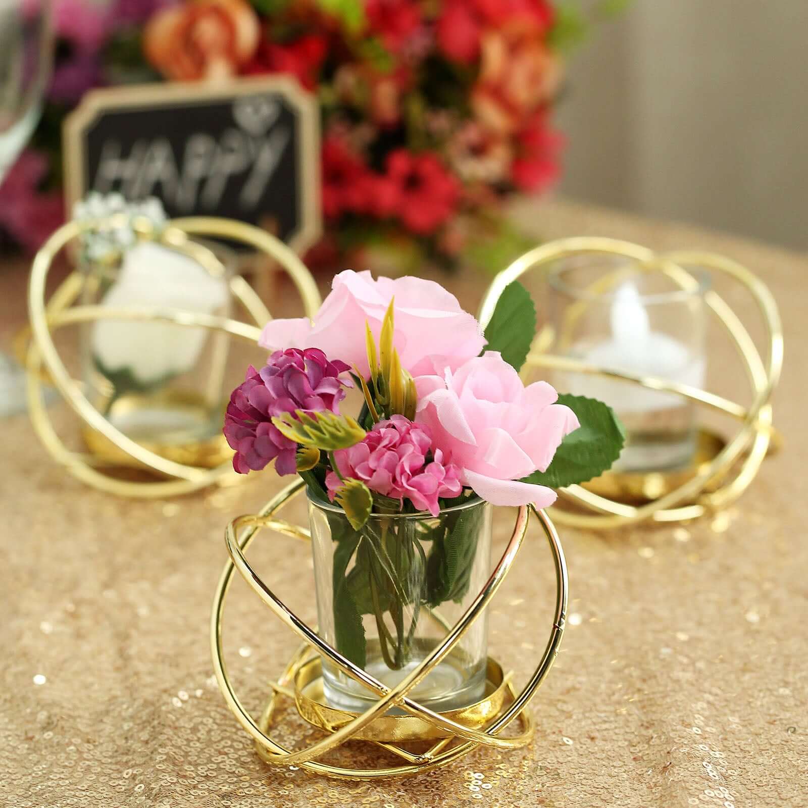 3-Pack Geometric Candle Holders Gold Metal Design with Bud Vase Votive Glass - Chic Wedding & Event Decor 3"