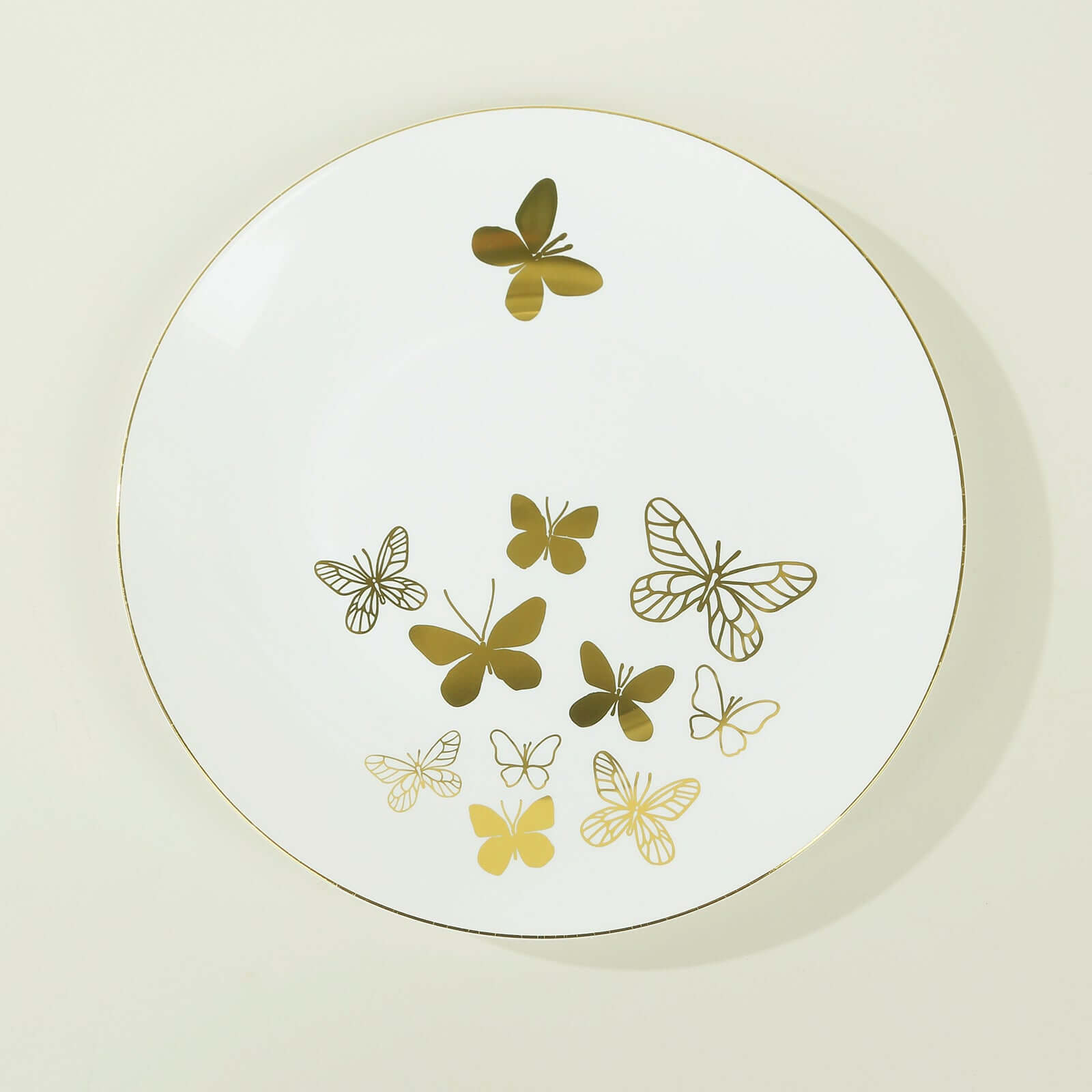 Set of 20 Plastic Round Dinner and Salad Plates in White with Gold Butterfly Design & Gold Rim - Stylish Disposable Dinnerware for Buffets & Catered Events 8", 10"