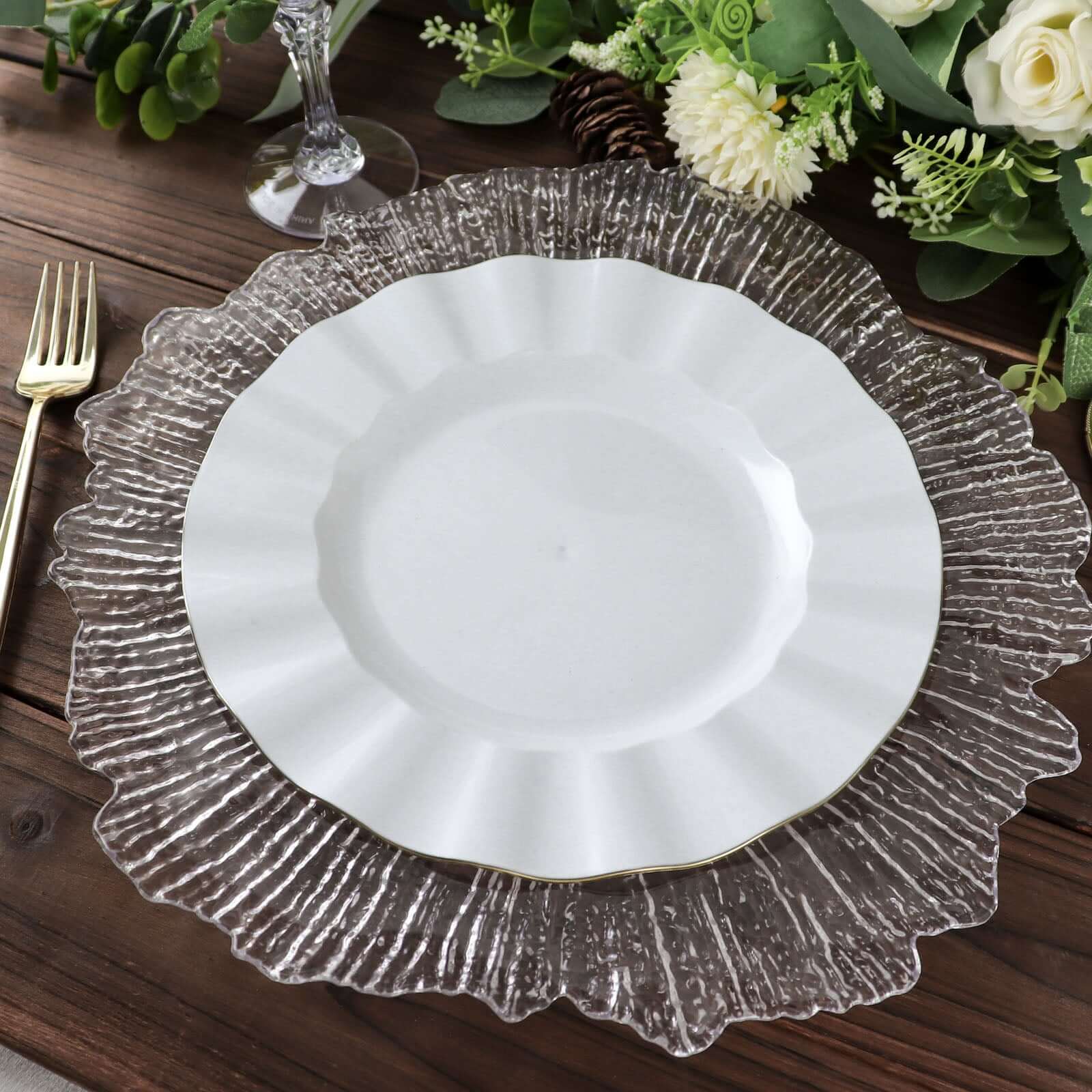 10-Pack Plastic 9" Round Dinner Plates in White Ruffled Rim with Gold Edging - Sturdy Disposable Dinnerware for Classy Events & Banquets
