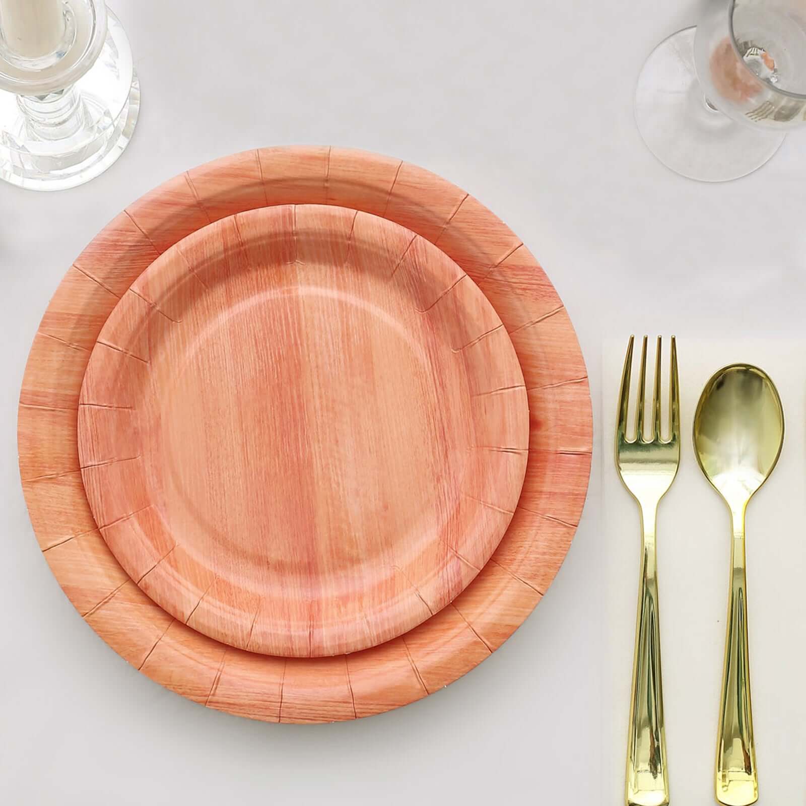 25-Pack Paper 10" Round Dinner Plates Natural Wood Grain Print - Rustic & Nature-Inspired Disposable Party Plates