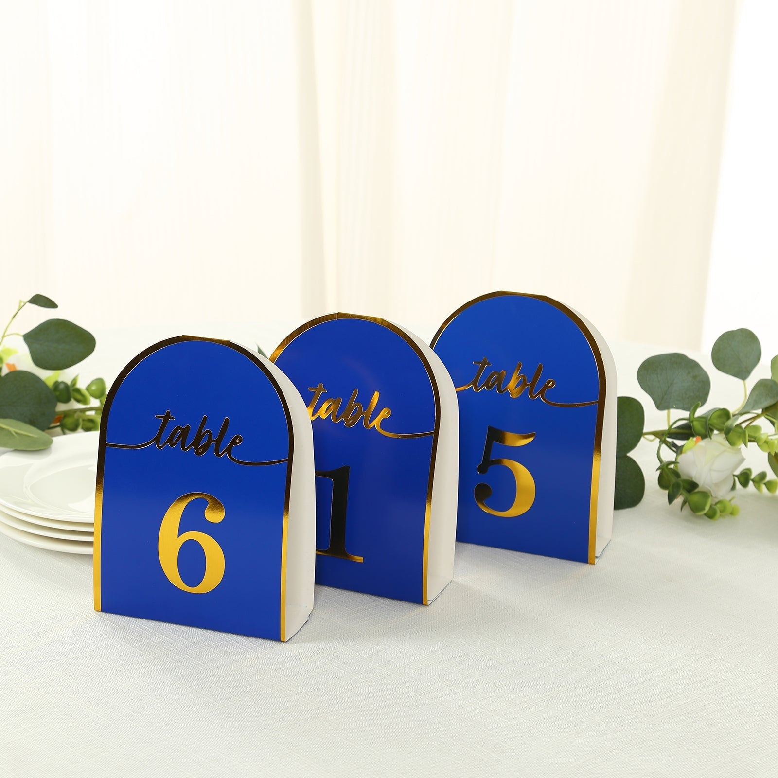 25-Pack Paper Wedding Table Numbers 1-25 Royal Blue Arch Cutout Design - Sleek & Modern Free Standing Double Sided Table Tent Cards with Metallic Gold Foil Numbers 7"