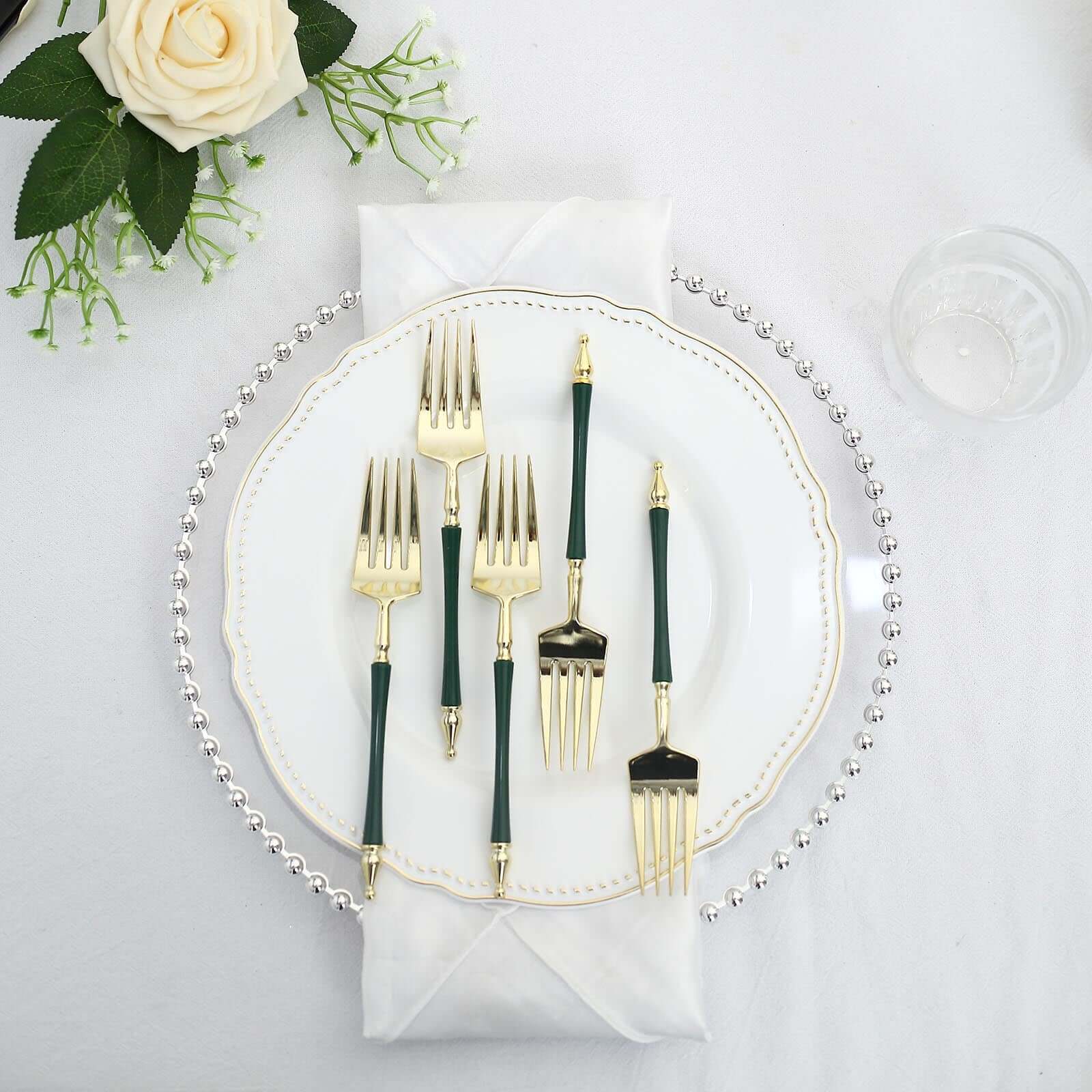 24 Pack 6" Gold Hunter Emerald Green Plastic Dessert Forks With Roman Column Handle, European Style Disposable Utensils