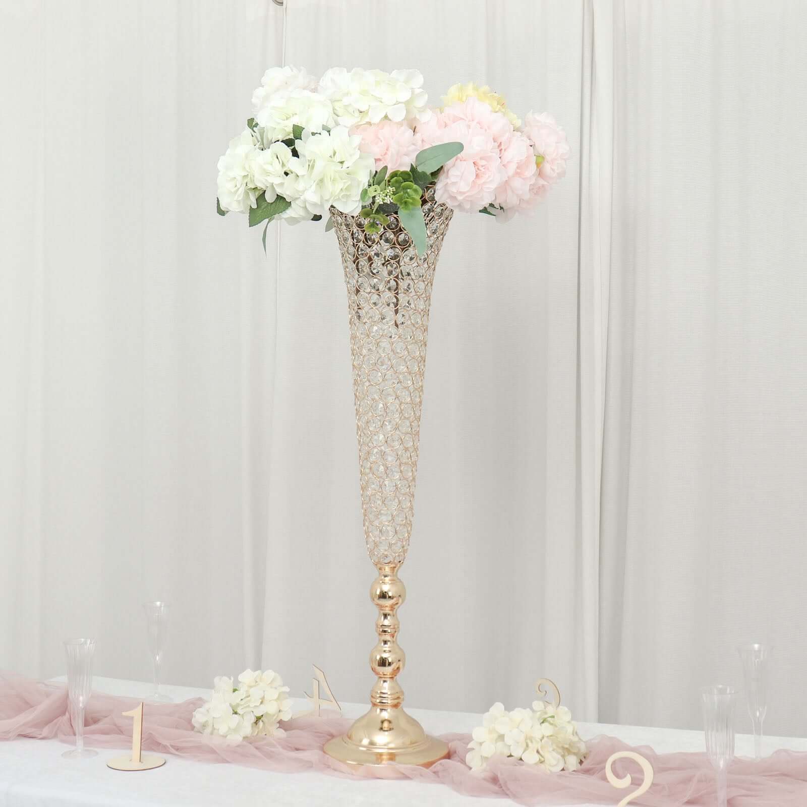 2-Pack Crystal Beaded Trumpet Vase Set Gold - Table Centerpiece for Grand Occasions 40"