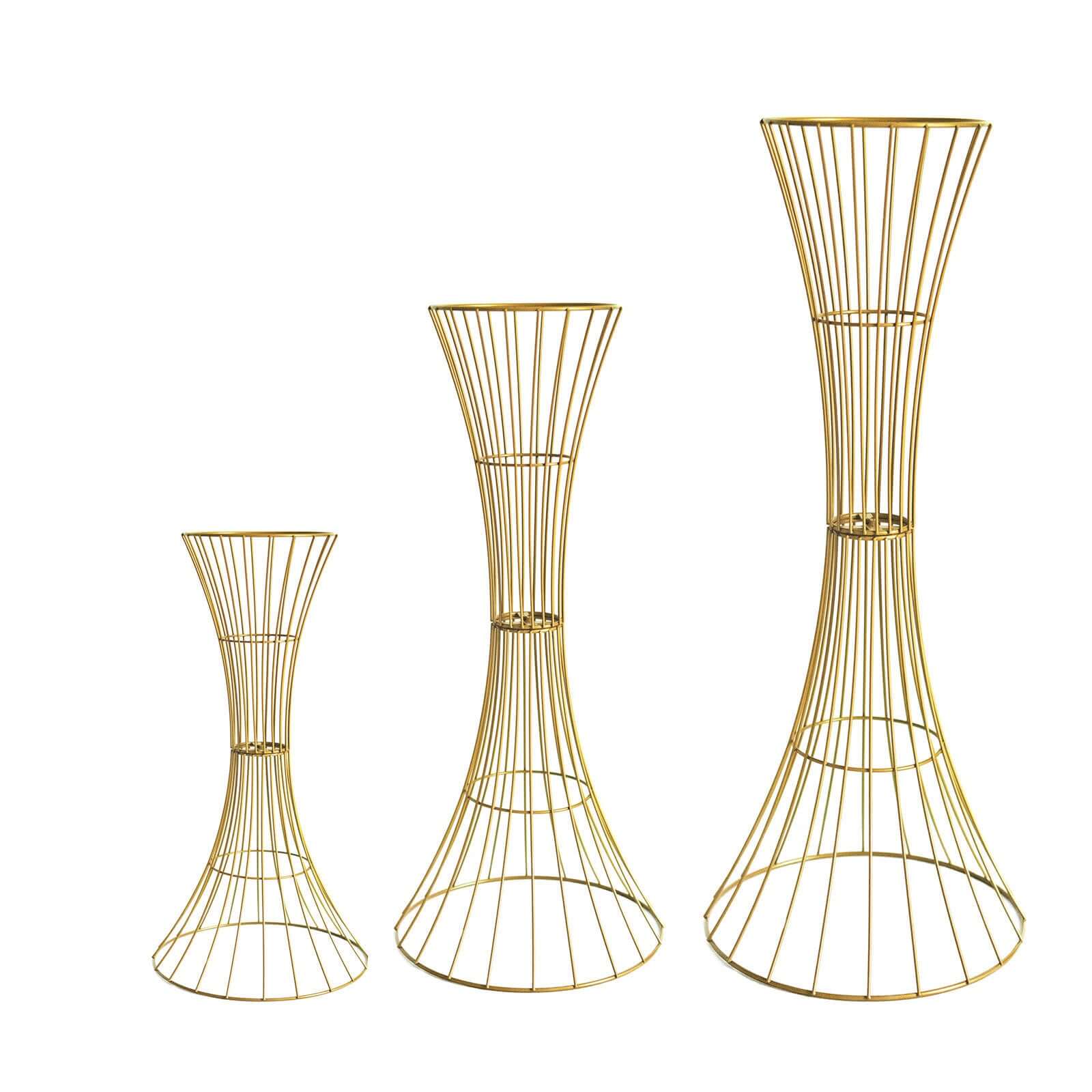 36" Tall Gold Metal Wire Hourglass Flower Frame Stand, Open Frame Reversible Trumpet Centerpiece Stand