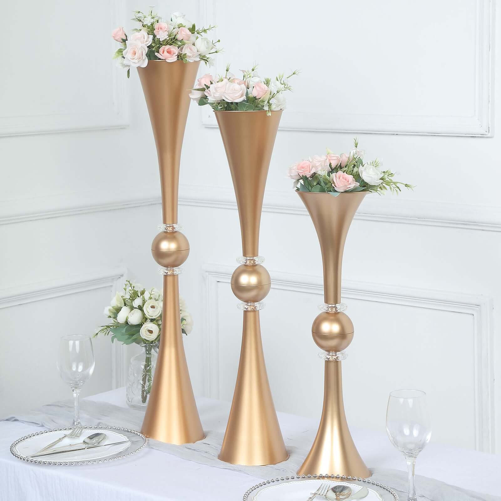 2-Pack Flower Vases Trumpet Design with Crystal Embellishments Gold - Reversible Plastic Table Centerpieces 21"