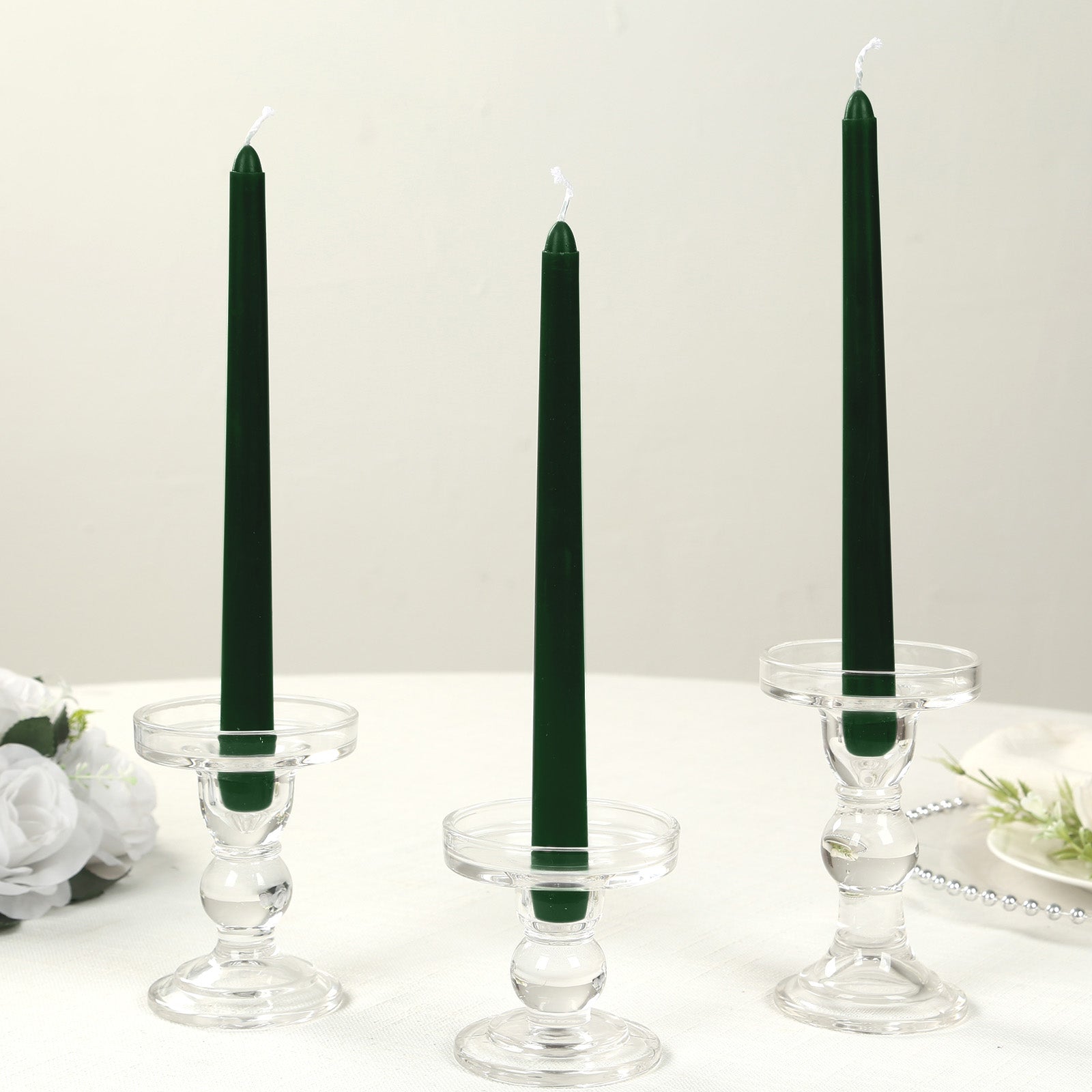 12-Pack Taper Candles Premium Wax Design Hunter Emerald Green - Unscented Candles for Upscale Settings 10"