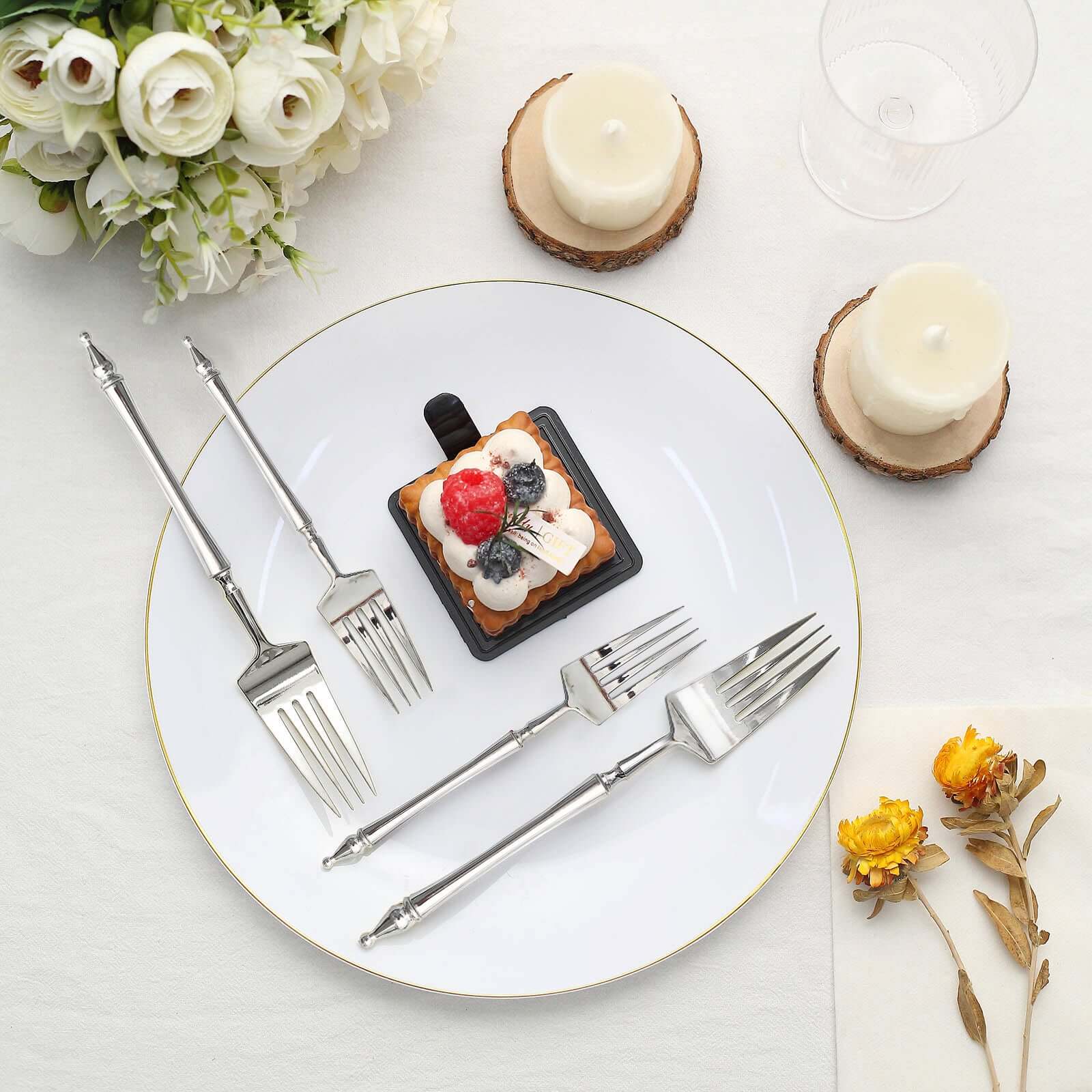 24-Pack Plastic Dessert Forks with Roman Column Handle Silver - European Style Disposable Utensils 6"