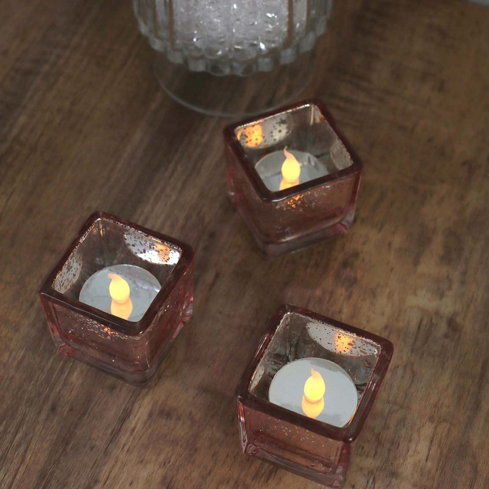 12-Pack Mercury Glass Candle Holders Rose Gold with Speckled Design - Square Votive Tealight Holders 2"